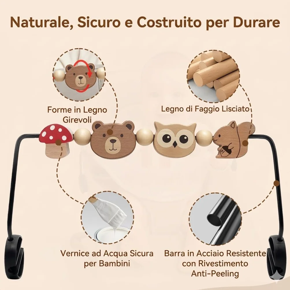 Giocattolo per buttafuori, Compatibile con BabyBjorn Bouncer Balance Soft & Bliss, Barra Giocattolo Girevole in Legno per Bambini, Giocattolo per Lo Sviluppo sensoriale (Animali)