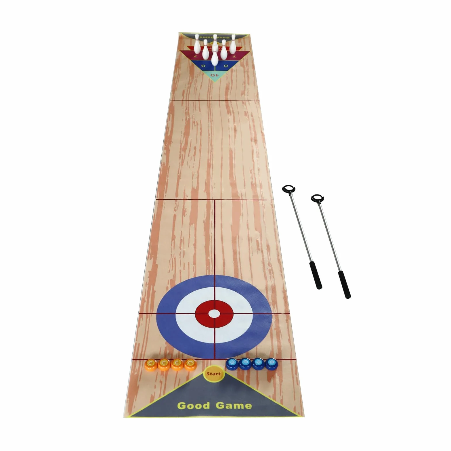Gioco di quilling 3 in 1, 360 x 57 cm, portatile, gioco di birilli da tavolo, set di birilli da curling con 6 bowling e 2 putter per bambini, per feste di famiglia