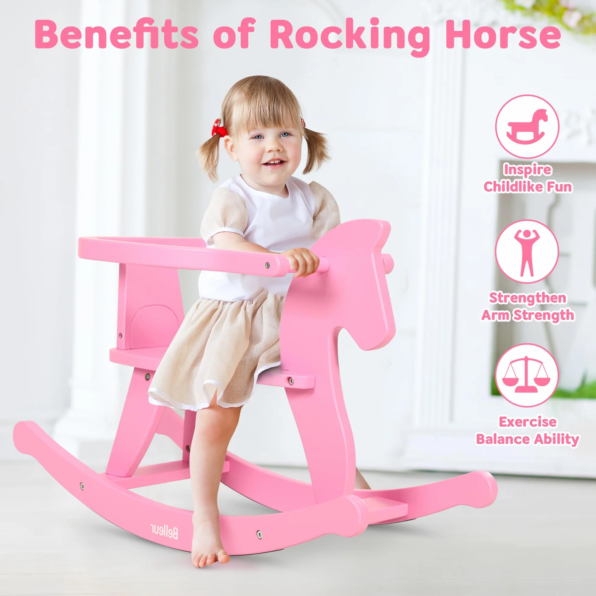 Belleur Cavallo a Dondolo in Legno per Bambini, Cavalcabile in Legno per Bambini da 1 a 3 Anni, Ragazzi e Ragazze, Animale a Dondolo per attività al Chiuso e all'Aperto, Compleanno