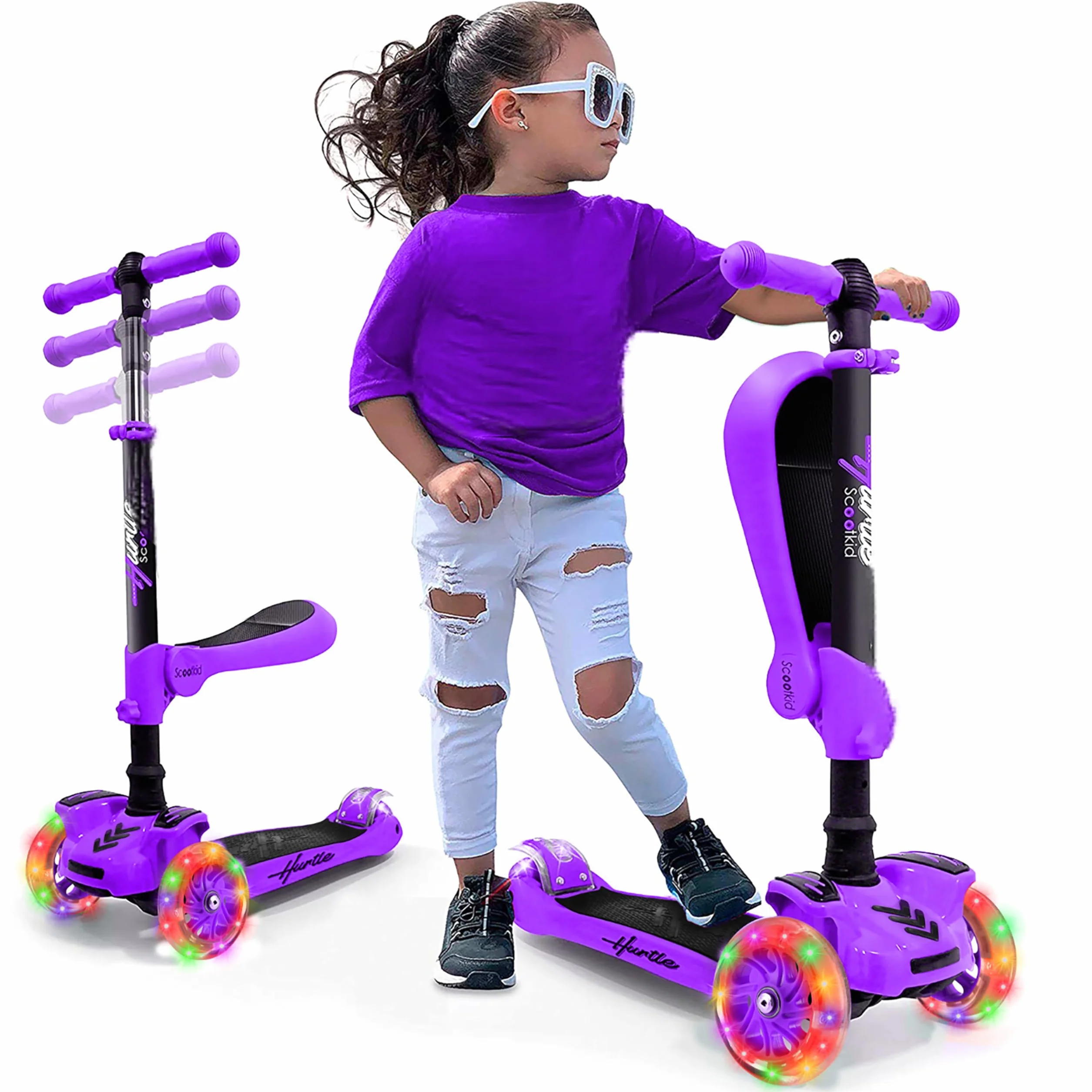 Hurtle Monopattino Bambino, Monopattino Bambina, Monopattino a 3 Ruote, Regolabile in Altezza con Sedile Pieghevole, Scooter per Bambini e Bambine con Ruote LED Multicolore, Dai 1 ai 14 Anni
