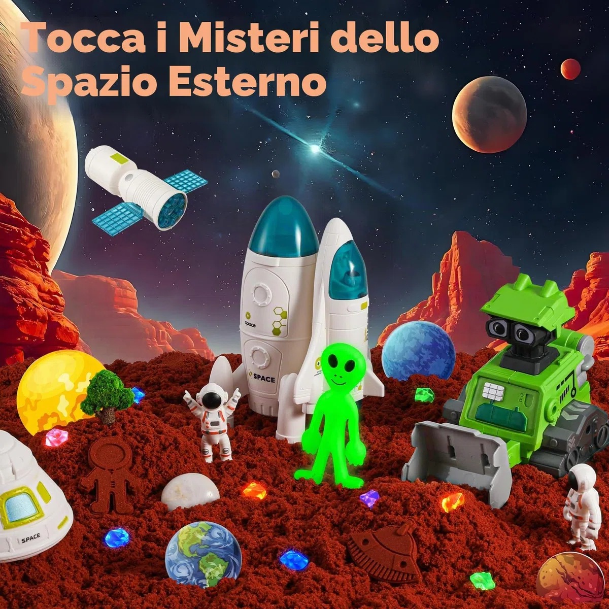 KNASON Sabbia Giocattolo Bambini, Spazio Scientifici Kit di Sand con Sabbia Magica, illuminano al Buio Alieno e Gemme, Giocattoli per Sabbiera Regalo di Natale per Bambini 3 ai 8 Anni