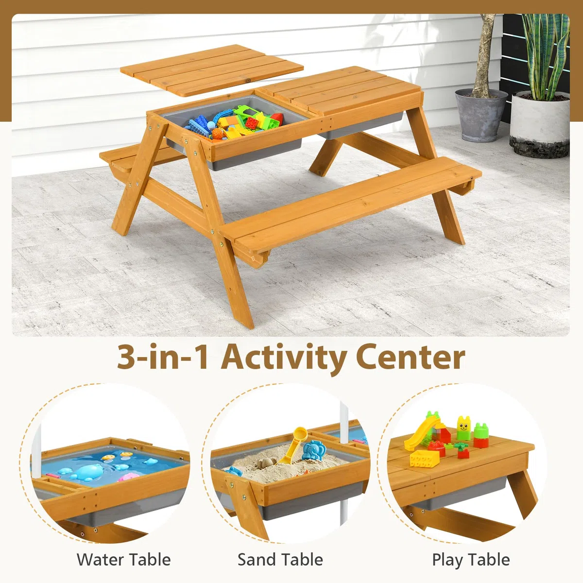 SOARS 3-in-1 Set Tavolo Picnic per Bambini, con Ombrellone Regolabile e 2 Vaschette da Gioco, Panche per Bambini in Legno di Abete, Giochi Esterno da Giardino e Parco, 187 cm (Verde + Giallo)