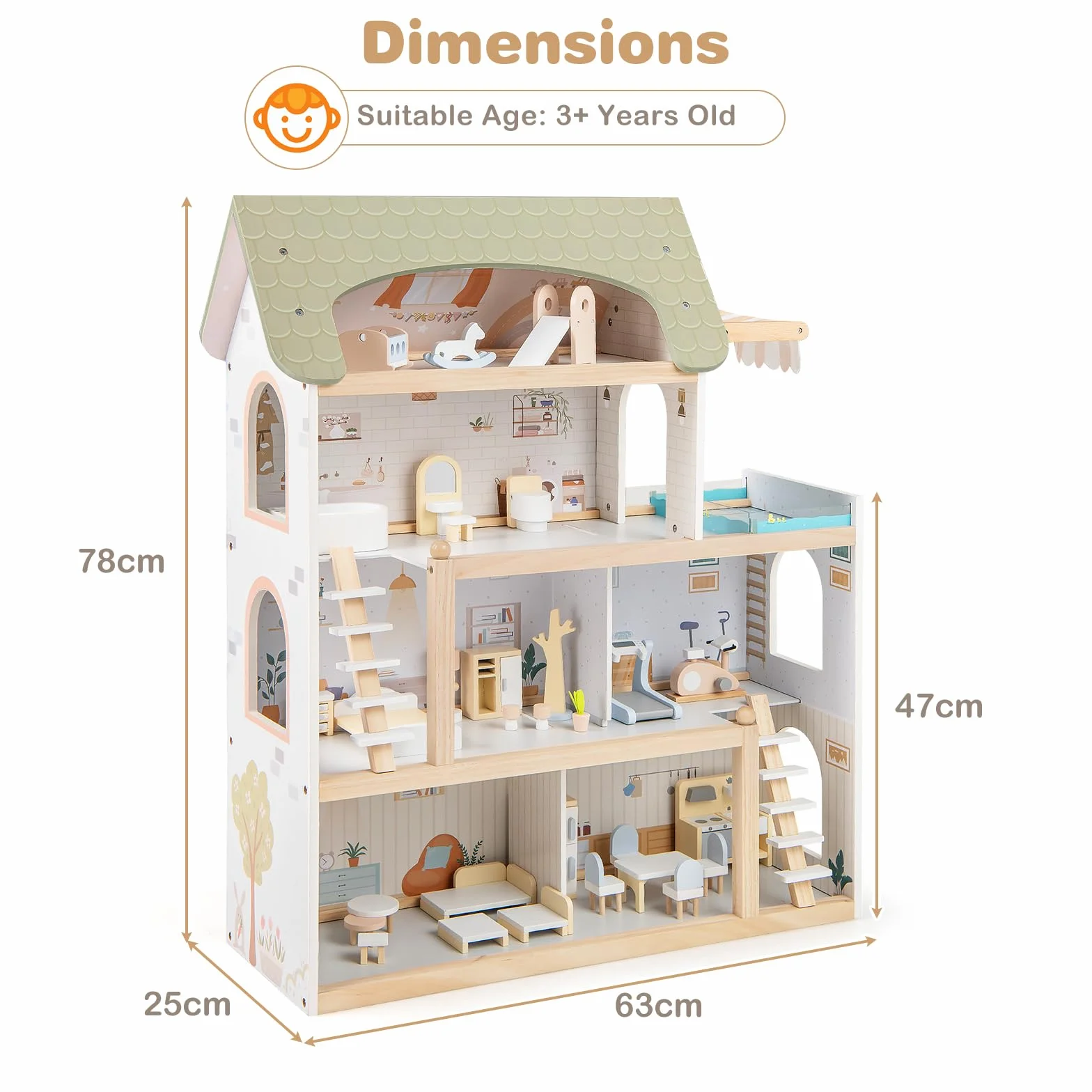 HOMASIS Casa delle Bambole in Legno per Bambini, Bella Casa da Sogno Principessa per Bambole, Casseta da Gioco per Bambini 3+ Anni (Modello 2, 63 x 25 x 78 cm)