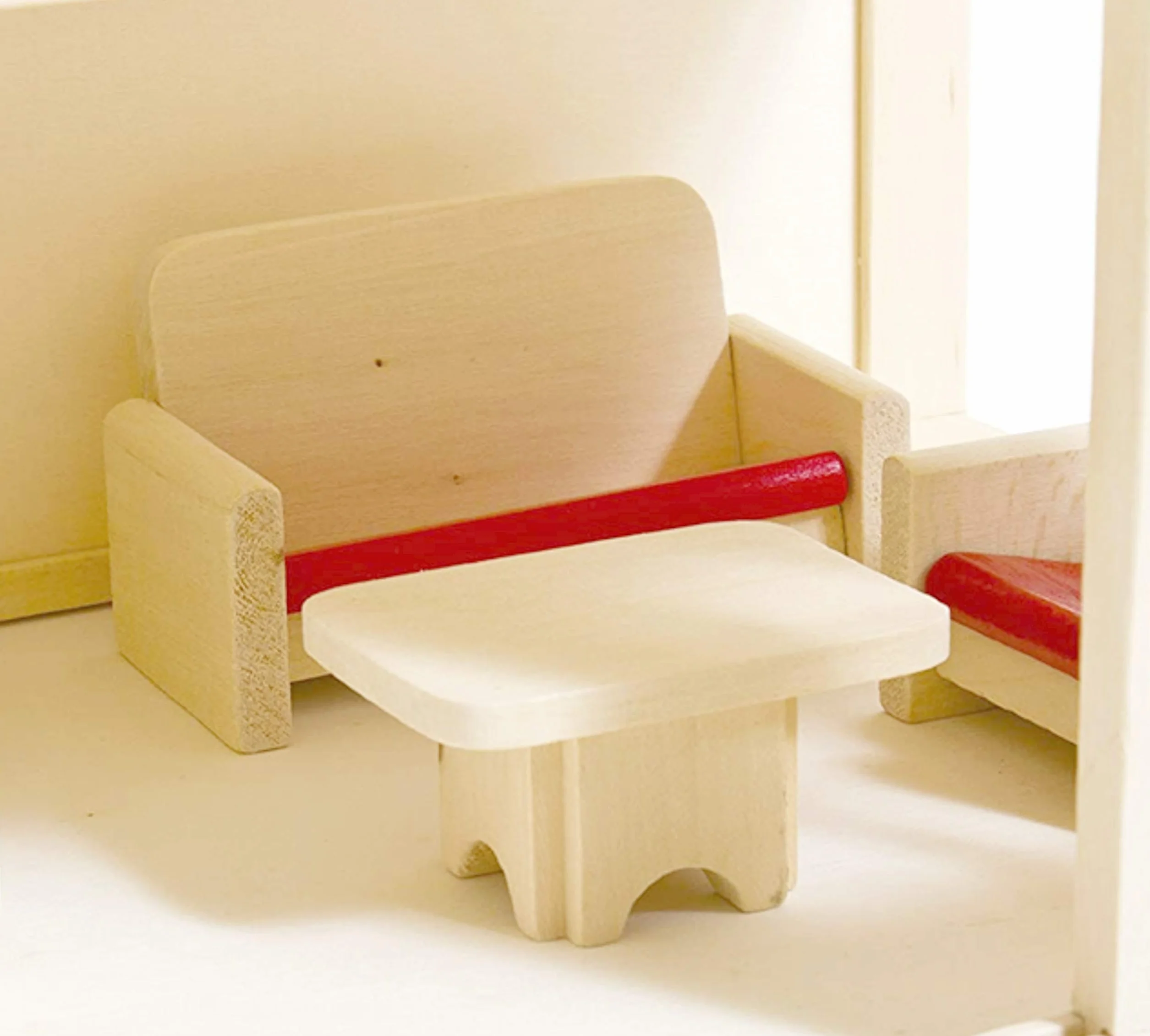 Izzy Casa delle bambole in legno con 2 piani, 4 bambole e 9 mobili | Maniglia per il trasporto (casa delle bambole per bambini con 2 piani, mobili e accessori) - (38 x 27 x 39 cm)
