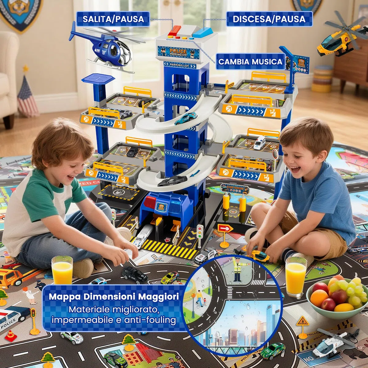 BuzzoXerex 5 Piani Garage Mmacchine per Bambini, Parcheggio Macchinine con 14 Autos e 2 Elicottero, Giocattolo Auto Garage con Ascensore e Rampe, Idea Regalo per Bambini 5 6 7 8 9 Anni (Polizia)
