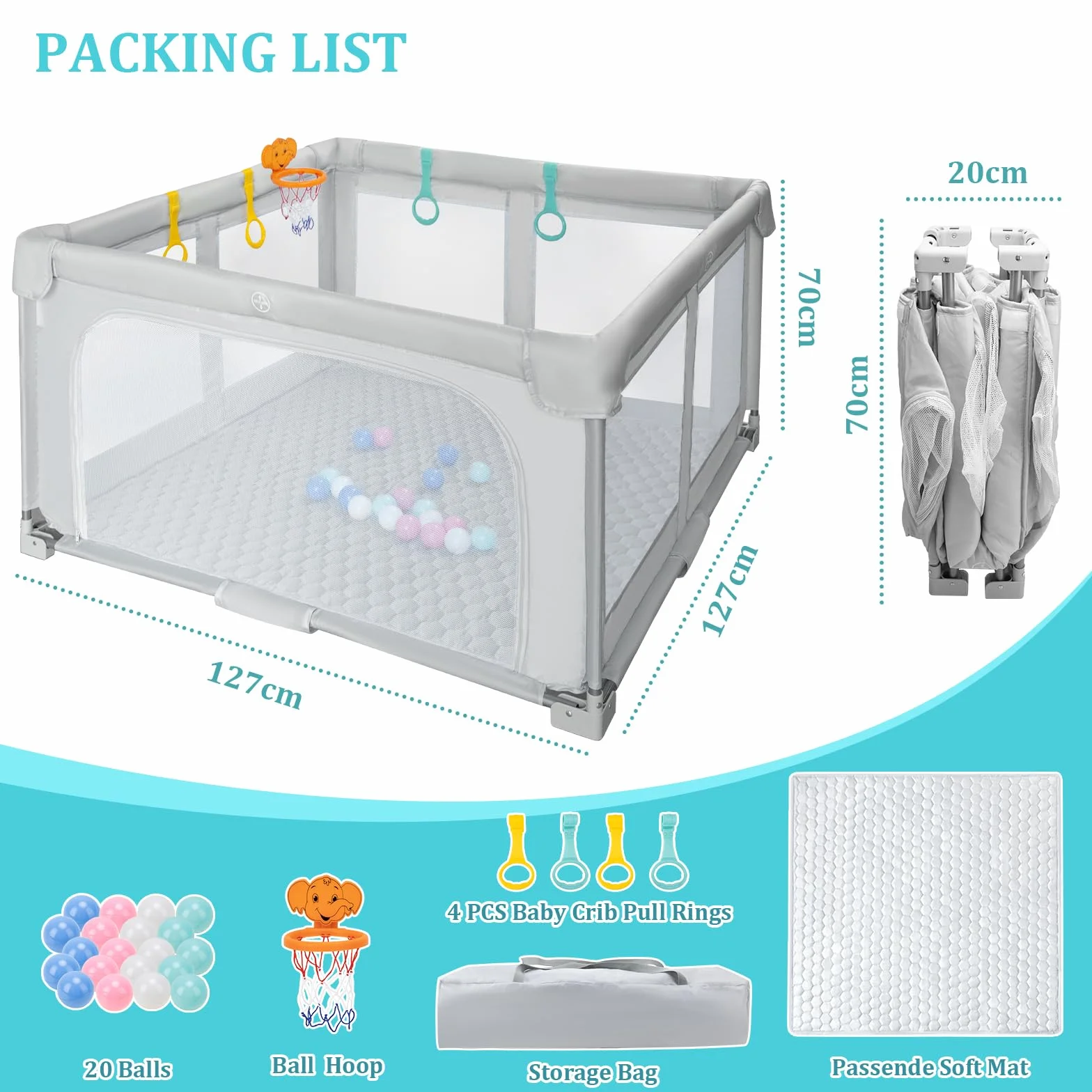 Piattaforma Gioco Bambini Pieghevole 127×127cm: Interna/Esterna – Borsa Trasporto, 20 Palle, 4 Anelli + Canestro, Tappeto Spuma
