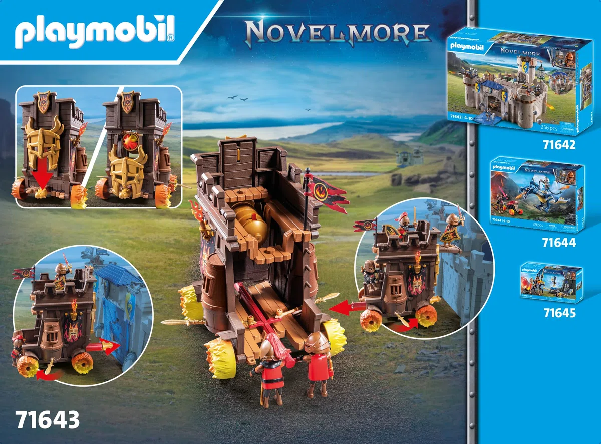 PLAYMOBIL Novelmore 71643 Carro d'assalto con cannone, con tre cavalieri Guerrieri di Burnham e vari accessori per battaglie emozionanti, giocattolo per bambini dai 4 anni in su