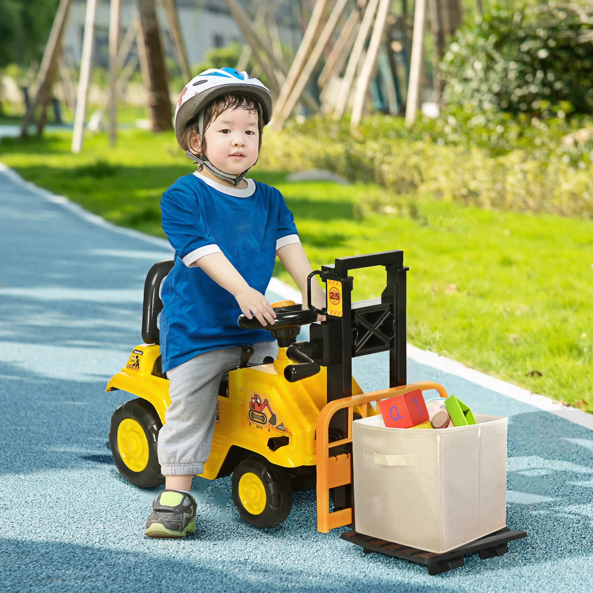 HOMCOM Trattore Cavalcabile per Bambini 3-4 Anni con Muletto, Pulsante per Suoni e Spazio Portaoggetti Nascosto, in PP e ABS, 86x27.5x47.5 cm, Giallo e Nero