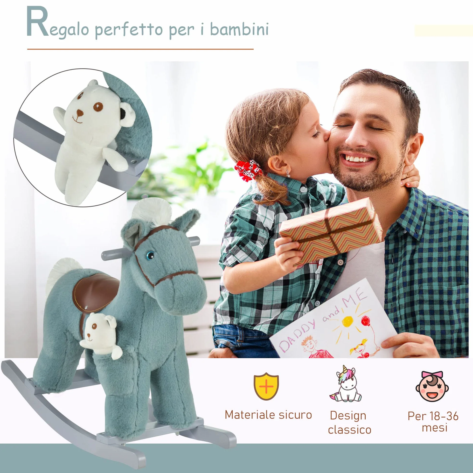 HOMCOM Cavallo a Dondolo per Bambini in Peluche e Legno con Suoni e Orsetto Incluso, per Bimbi da 18-36 Mesi, 65x26x55cm, Blu