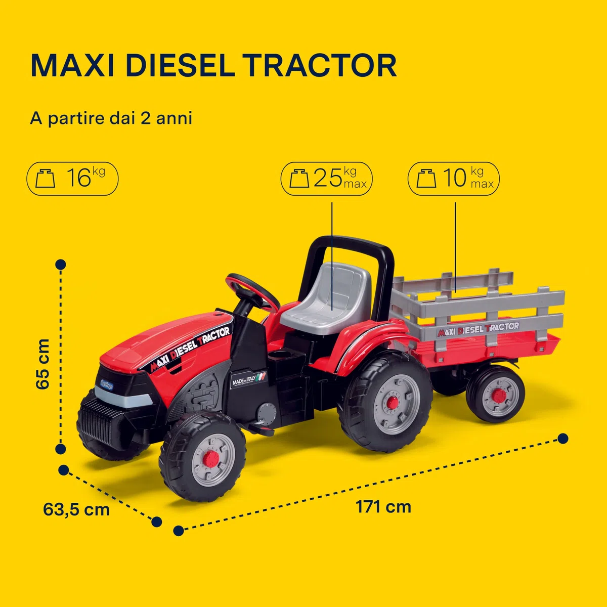 PEG Maxi Diesel Tractor Trattore a Pedali per Bambini con Rimorchio Rimovibile Sedile Regolabile