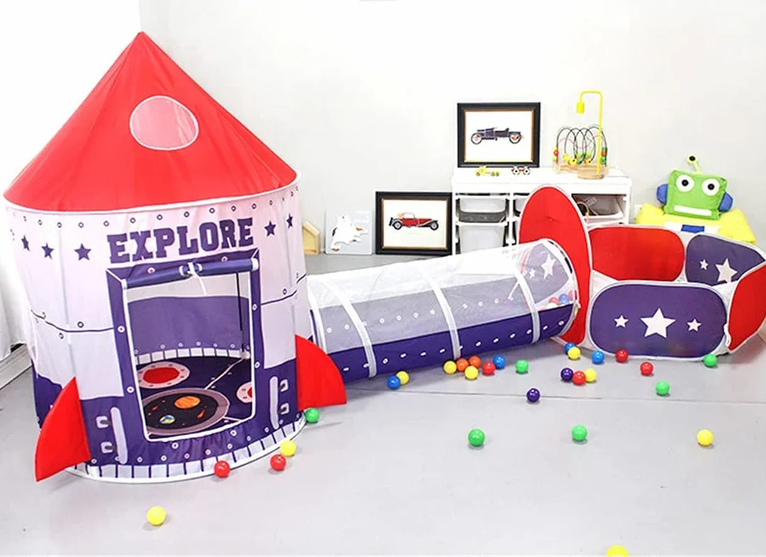 3 in 1 Bambini Tenda Gioco Tunnel Palla Buca Playhouse con Canestro da Basket Blu Scuro