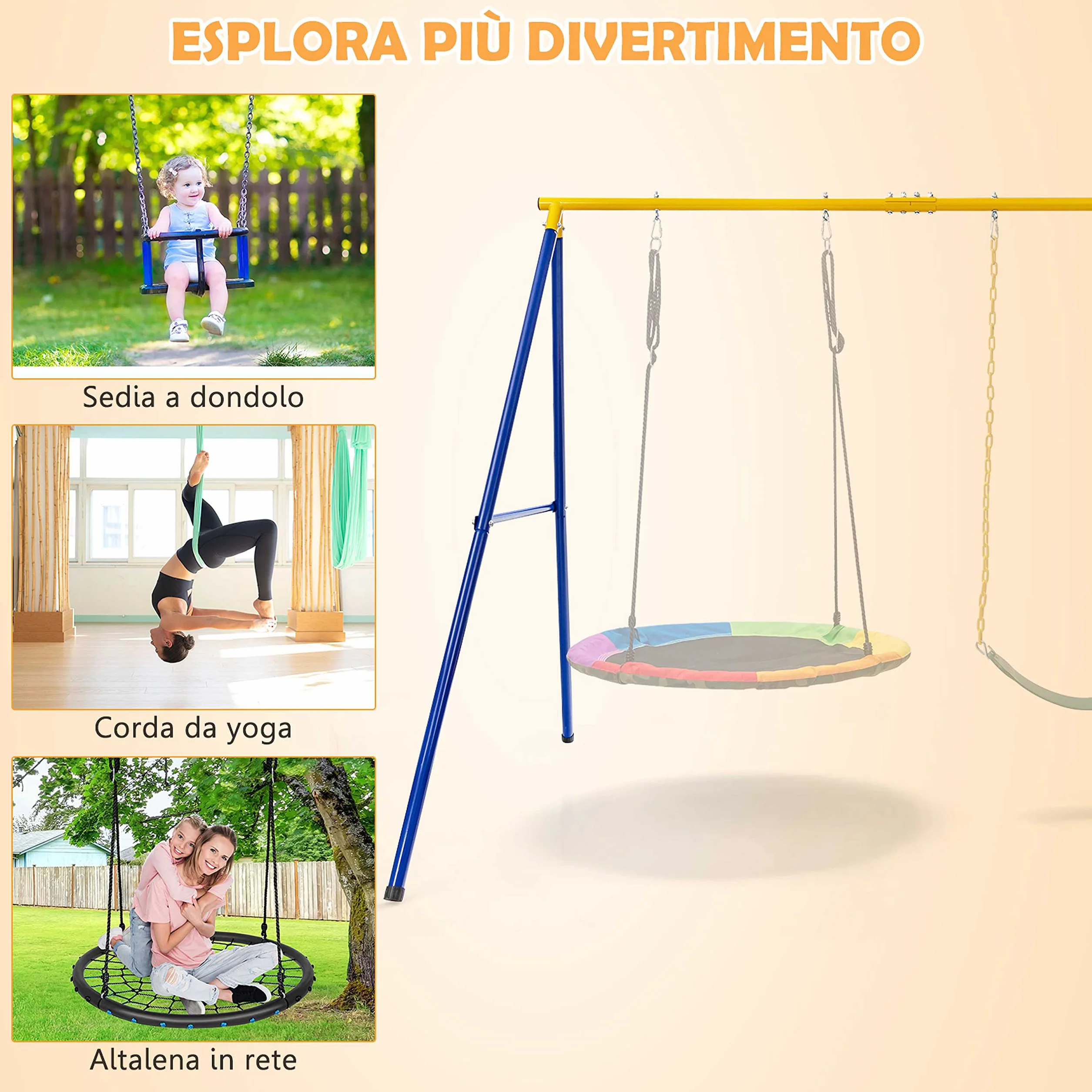 COSTWAY Set Altalena da Giardino per Bambini, Struttura di Metallo ad A con 1 Sedile in EVA Morbido e 1 Altalena Nido, Capacità 300 kg, Ideale per Giardino Parco Giochi (Giallo+Blu, Altalena+Supporto)