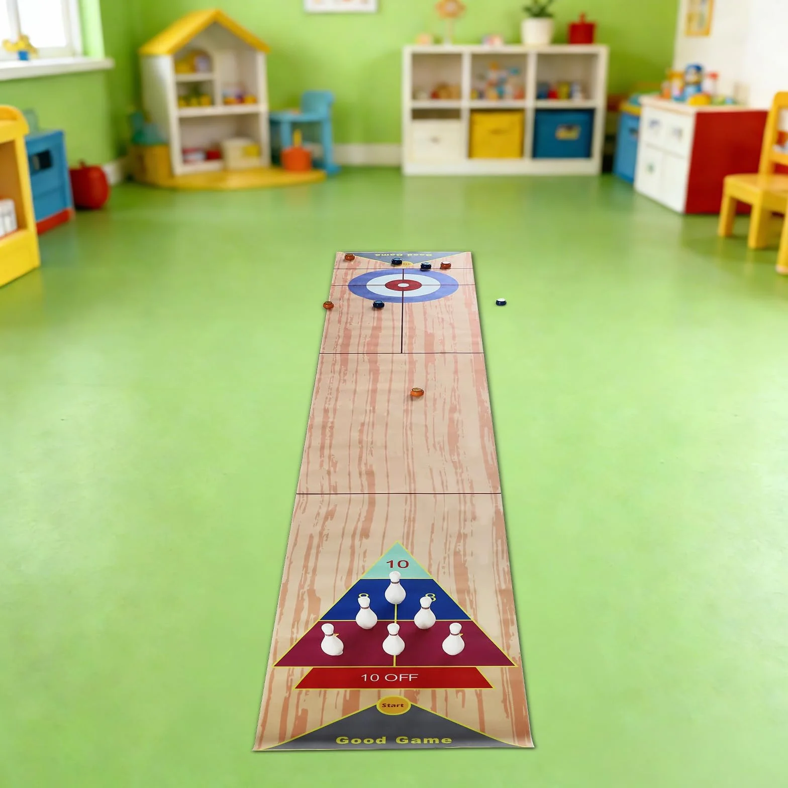 Gioco di quilling 3 in 1, 360 x 57 cm, portatile, gioco di birilli da tavolo, set di birilli da curling con 6 bowling e 2 putter per bambini, per feste di famiglia