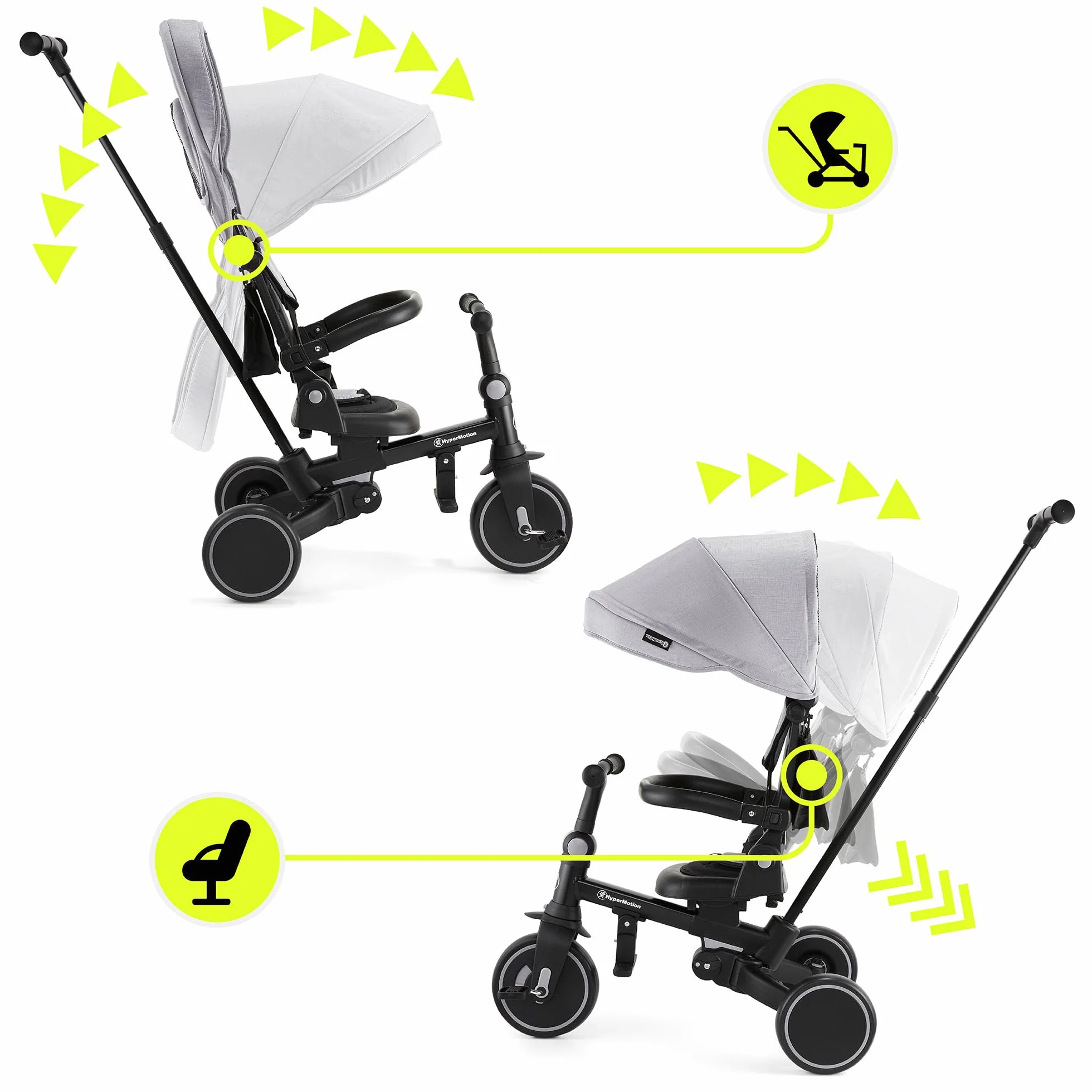 HyperMotion Triciclo Evolutivo 8 in 1 – Triciclo Passeggino Reclinabile e Pieghevole con Seduta Girevole 360° – con Cappottina, Maniglione e Cintura – per Bambini 1-5 Anni