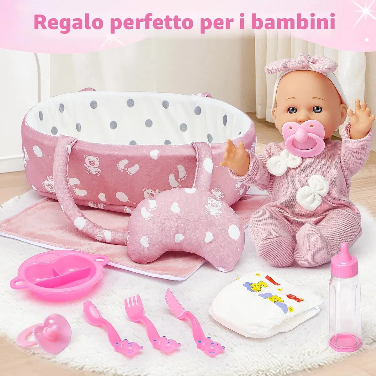 vamei Accessori per Bambola Reborn Femmina, Letto Portatile per Bambole con Vestiti per Bambole & Pannolini per Bambola Bambina & Borsa Fasciatoio & Biberon & Ciuccio, Regalo per Bambina 2 3 4 5 anni