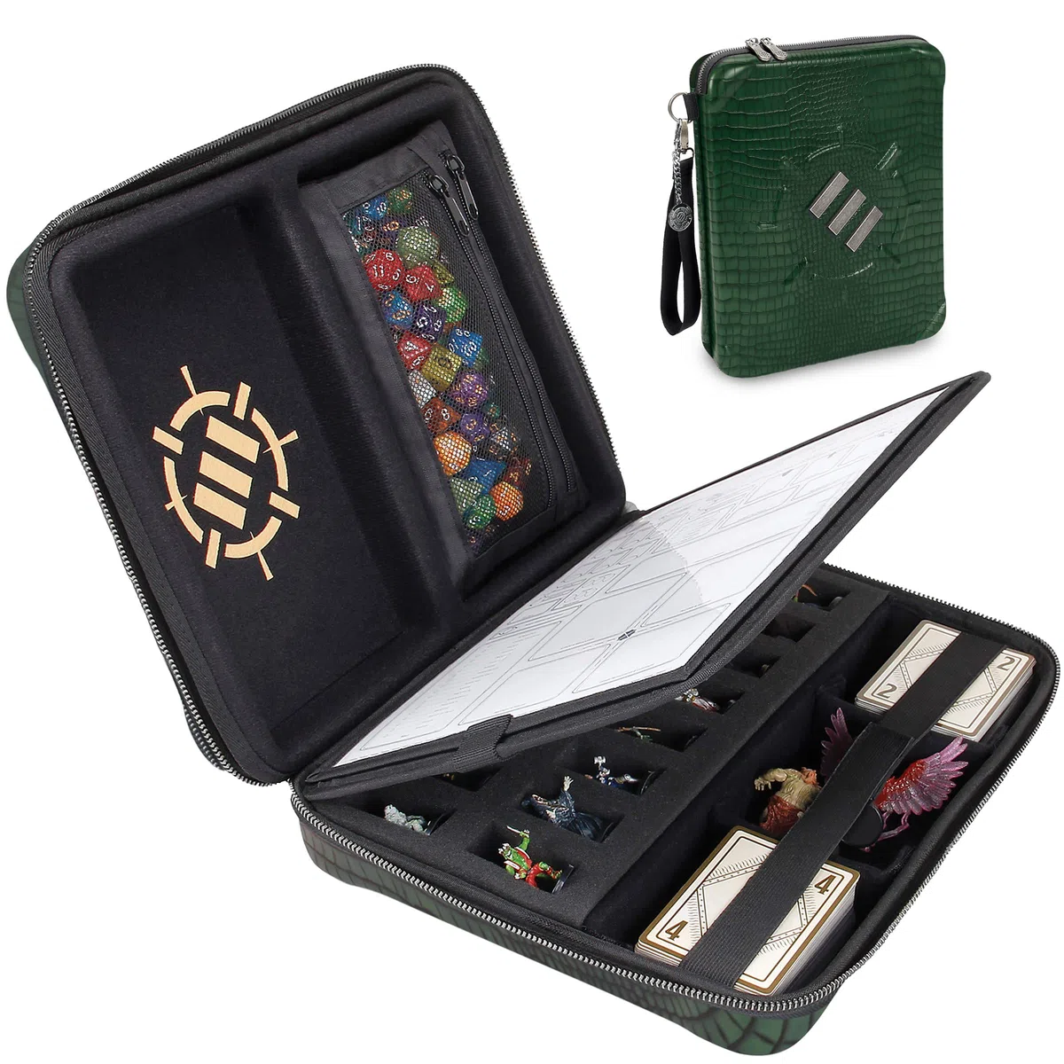 ENHANCE Custodia Organizer per Giochi di Ruolo in Edizione da Collezione - Raccoglitore DND con Supporto per Fogli di Personaggi Integrato e Pannello per Scriba Cancellabile (Dragon Verde)