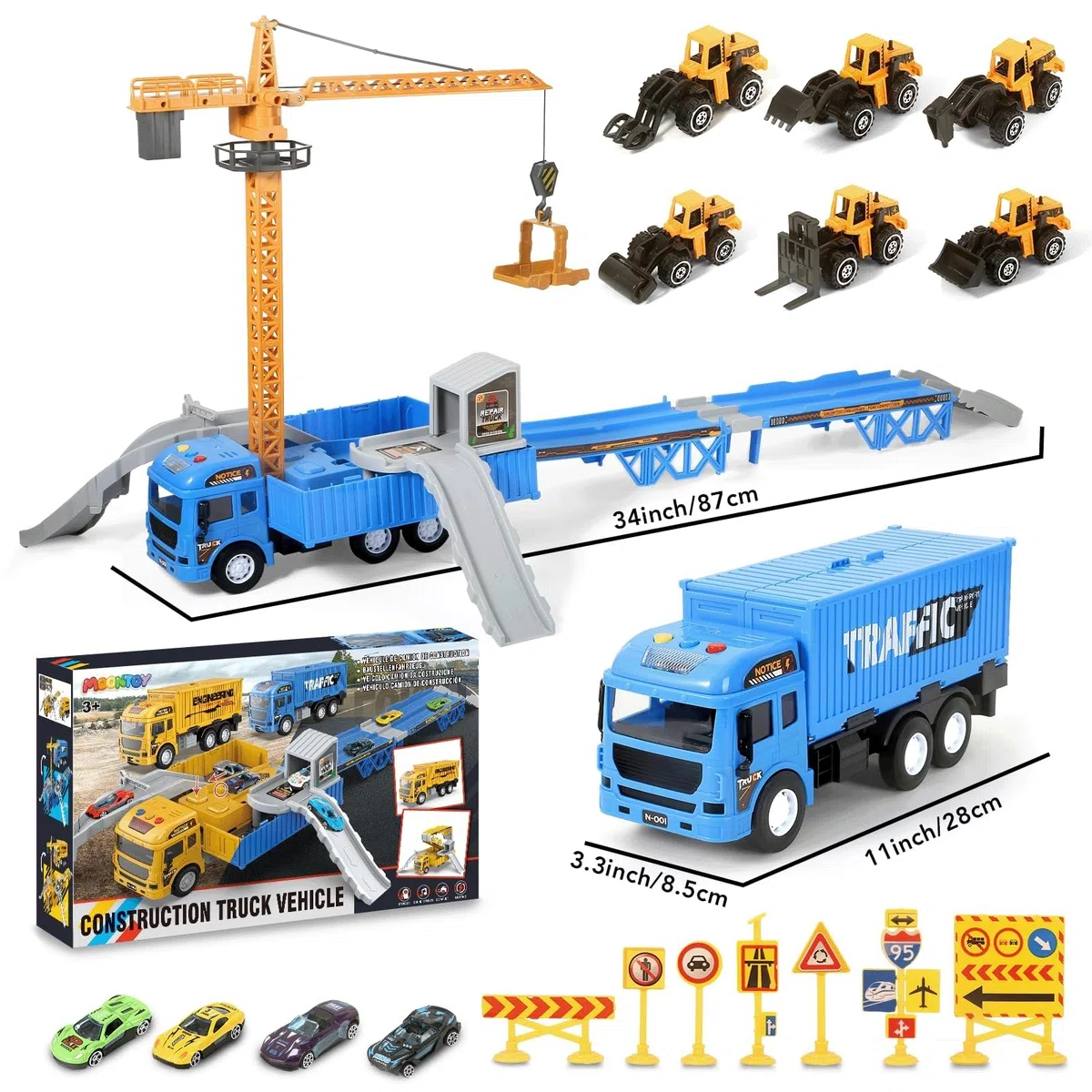 MOONTOY Cantiere Giocattolo per Bambini Camion Pista Macchinine Gru Bisarca con Escavatore Bulldozer Betoniera Rullo Compressore Regalo 3 4 5 6 Anni
