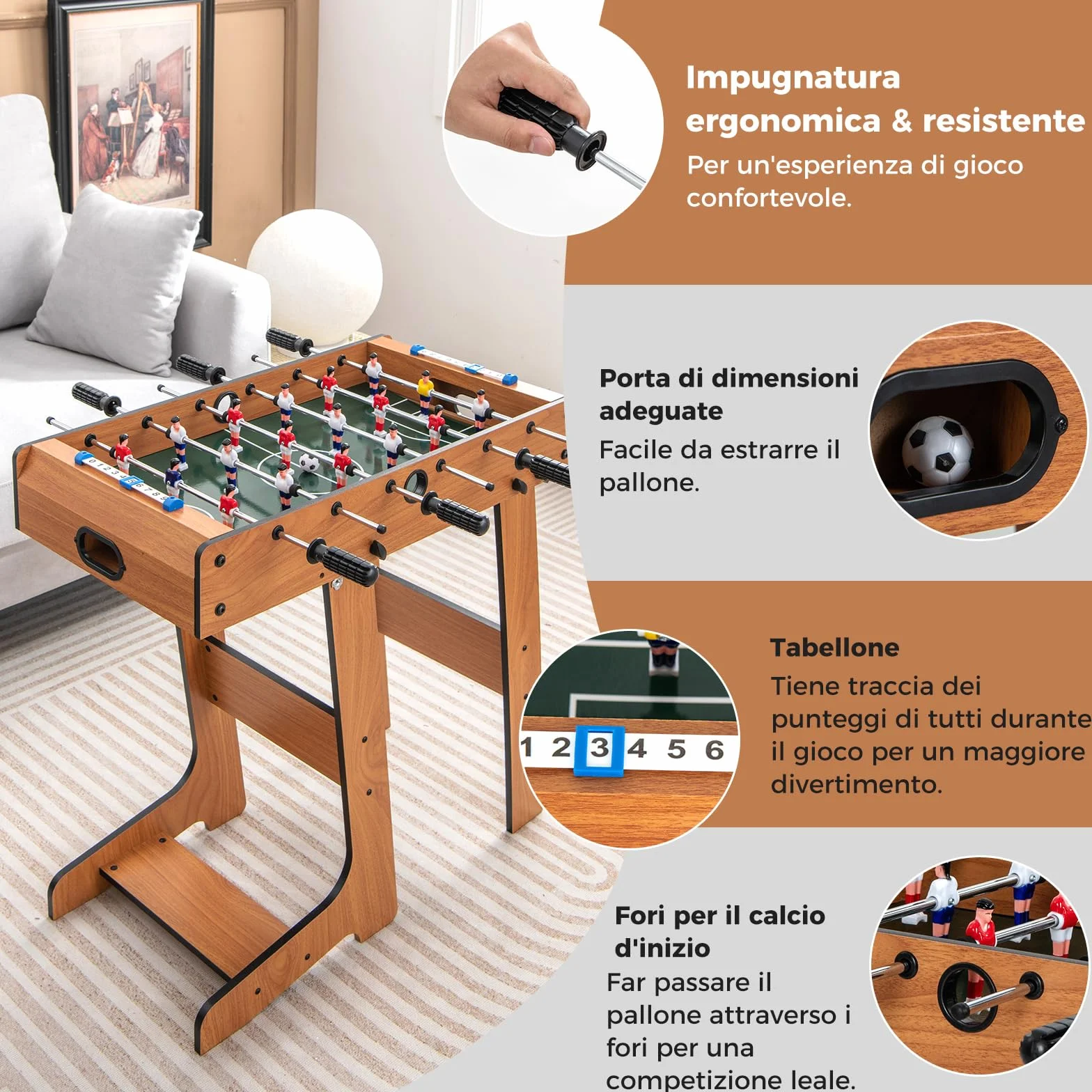 RELAX4LIFE Calcio Balilla Pieghevole in Legno per Bambini e Adulti, 6 Aste, 18 Giocatori, 2 Palline e Segnapunti, Biliardino da Casa Salvaspazio con Maniglie Antiscivolo, 69 x 60 x 71 cm, XC924846IT