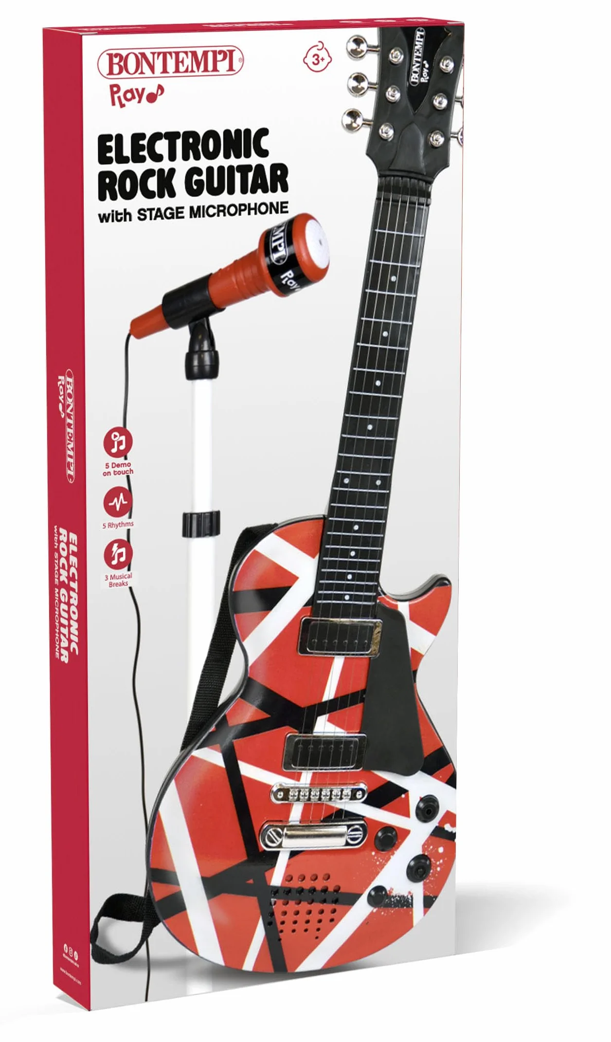 BONTEMPI - Chitarra Rock Elettronica con 6 Corde di Metallo 5 Demo Rock 3 Stacchi Musicali 5 Ritmi Spegnimento Automatico Cinghia Tracolla Presa Microfono 560mm