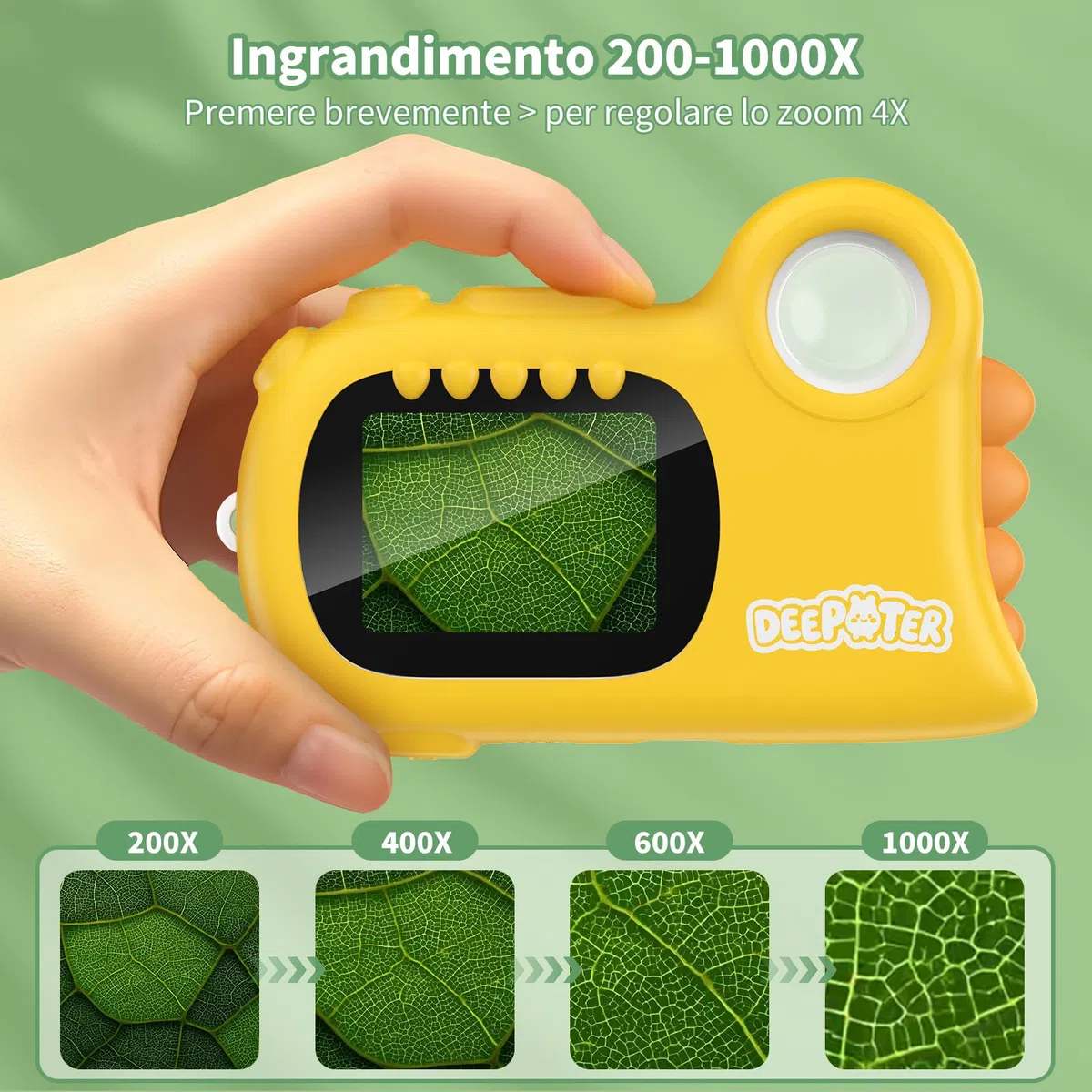 2 in 1 Microscopio Bambini, Deepoter 1000X Microscopio Digitale, Microscopios Portatile con 8 LED Regolabili, Adatto come Regalo di Natale, Compleanno o Capodannodai 3 Aagli 12 Anni, Giallo