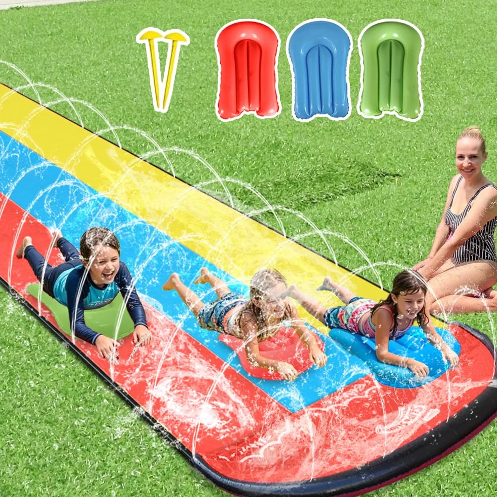 Scivolo d'Acqua Triplo Racer 480x210CM, Scivolo Acquatico Giardino con Irrigatore e 3 Tavole Gonfiabili, per Bambini Adulti