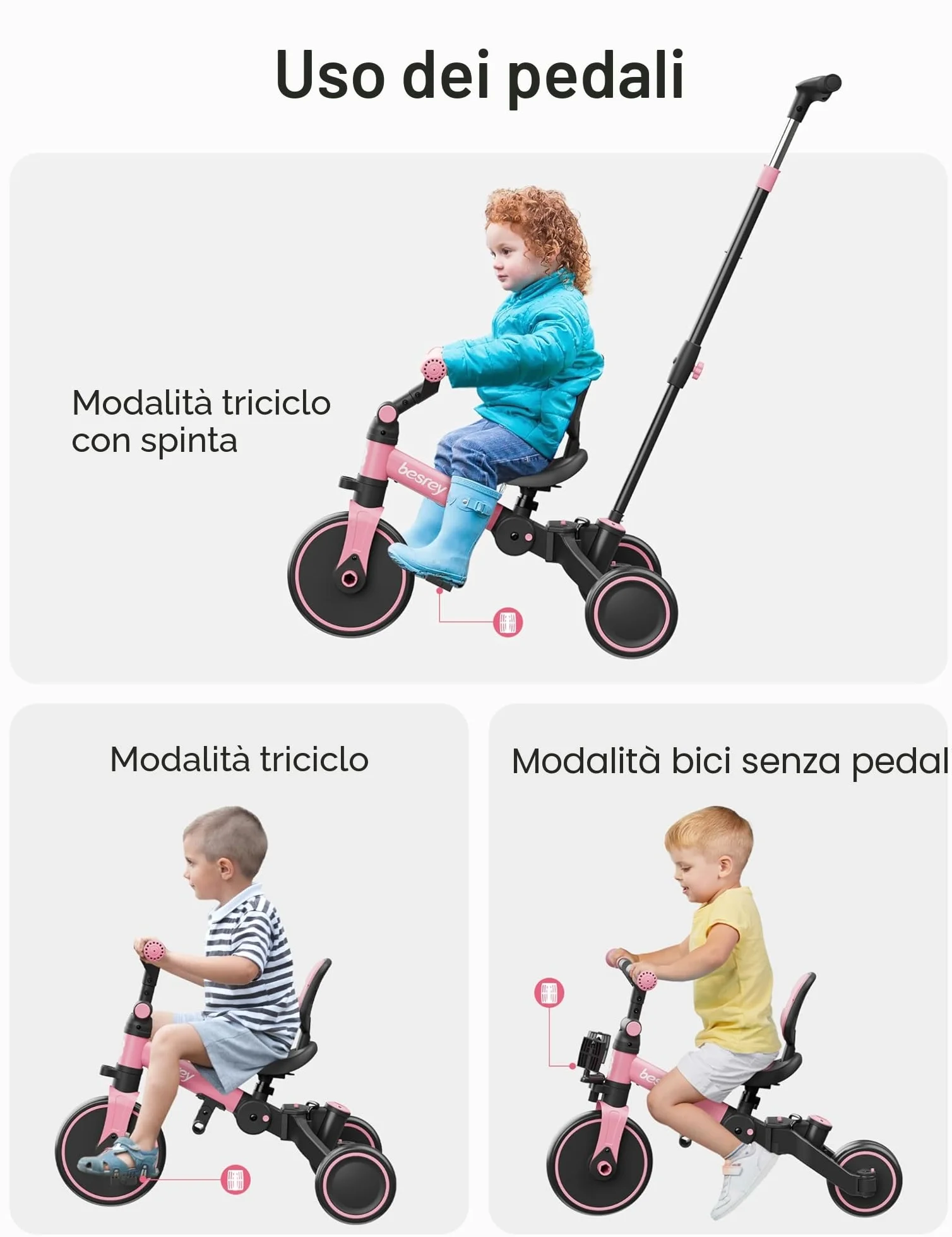 besrey Triciclo per Bambini 4 in 1, Bici senza Pedali per bambine e bambini da 1 a 3 anni, Triciclo con Maniglia di Spinta, Schienale e Cintura di Sicurezza, Rosa