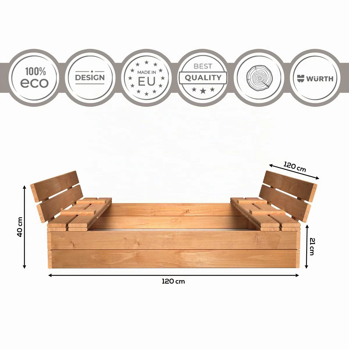 MAMOI Sandbox con coperchio 120 x 120 cm, cassetta di sabbia impregnata con panche in legno, copertura per panchine 150 x 150 cm