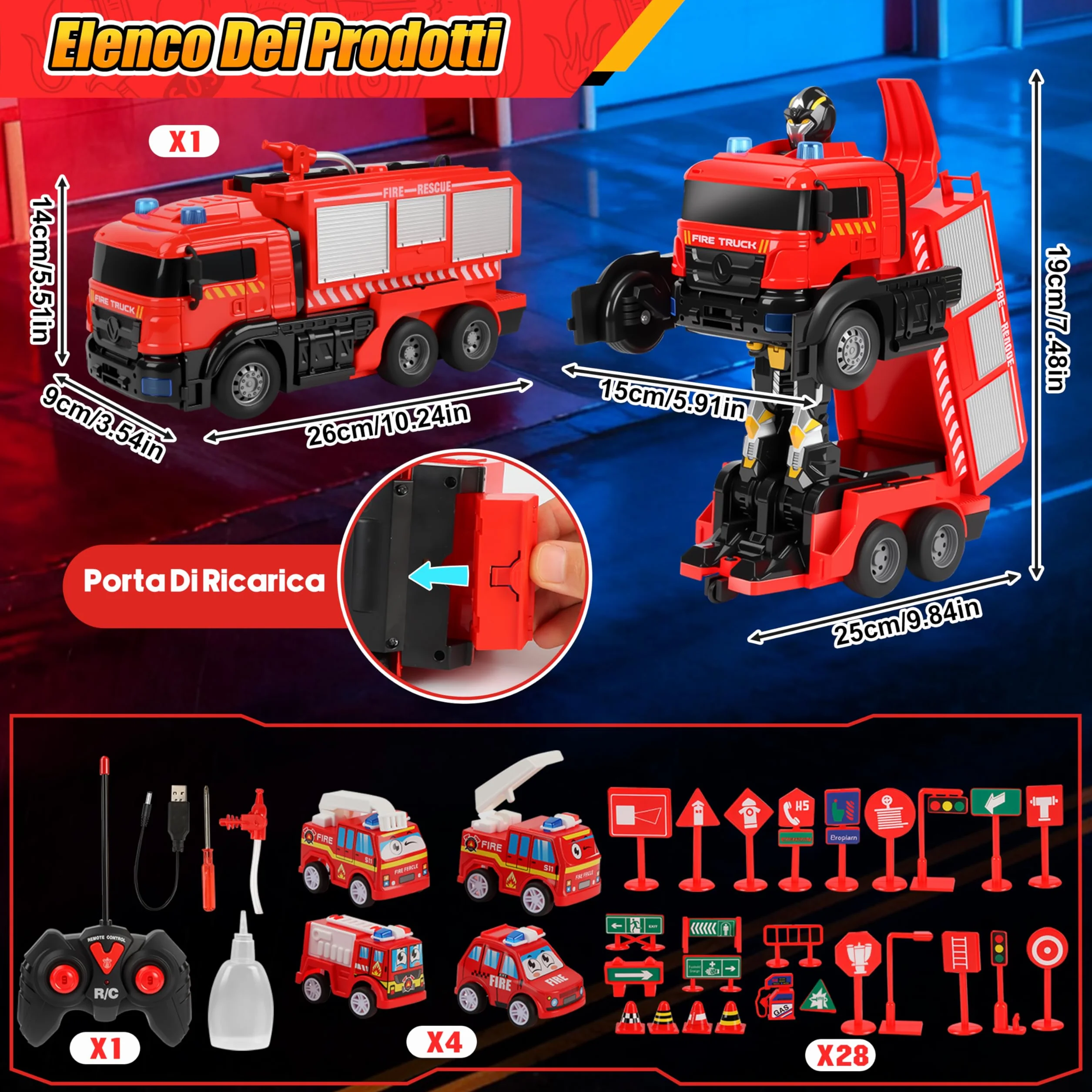 Charmofun Camion Pompieri Giocattolo Telecomandato, Autopompa Vigili del Fuoco con Luci e Suoni, Pompiere Giocattoli con Irrigatore, Trasforma Robot e Macchina Telecomandata, Regalo Bambini