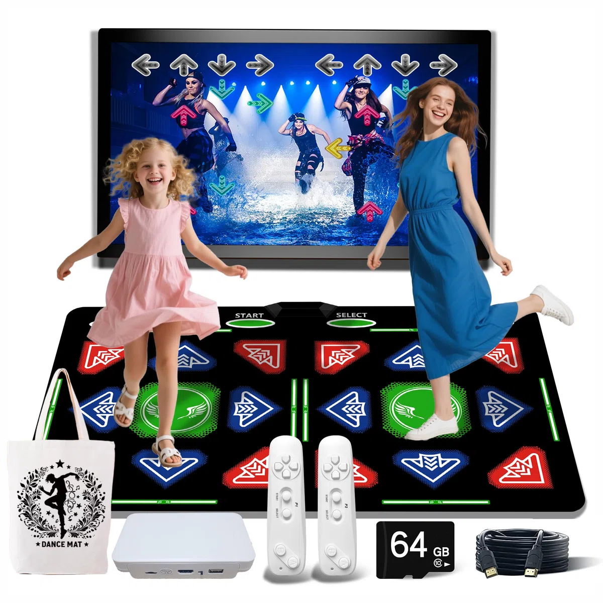 Tappetino da Ballo HDMI per Bambini e Adulti, 64 GB, con 1000 Giochi, 885 Canzoni e 81 MTV, Morbido Tappetino Fitness in Flanella per Yoga, Corsa, Aerobica, Sport e Puzzle, Perfetto Compleanno