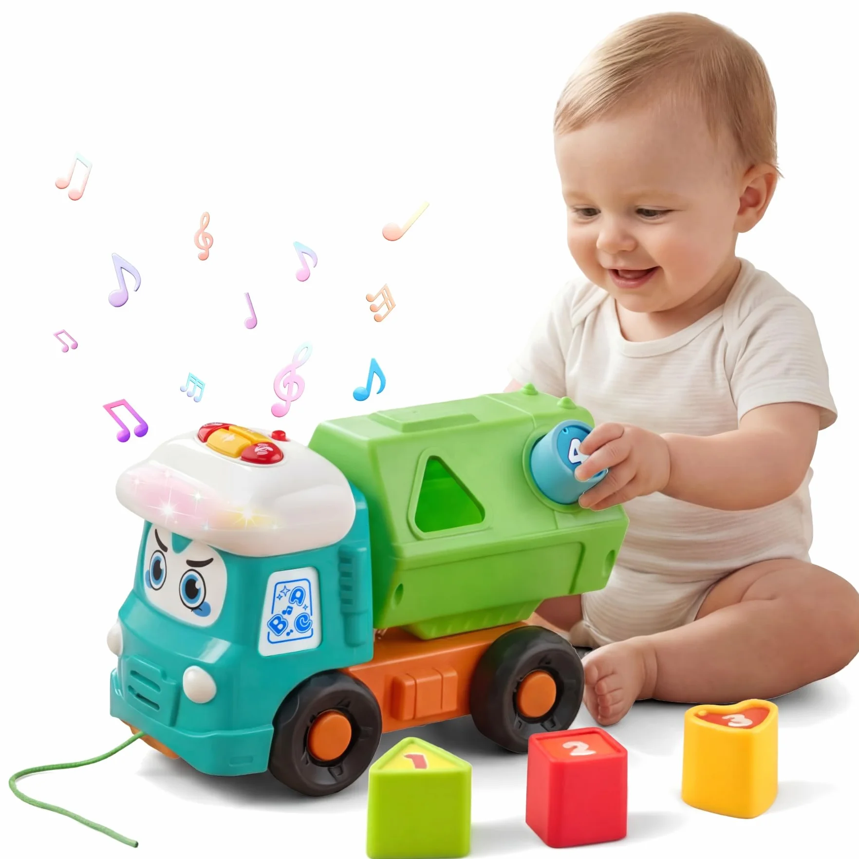 Macchinine per Bambini Camion Giocattolo 1 Anno in Su con Forme Geometriche Suoni e Luci Cassone Ribaltabile Corda da Traino Gioco Educativo Sensoriale