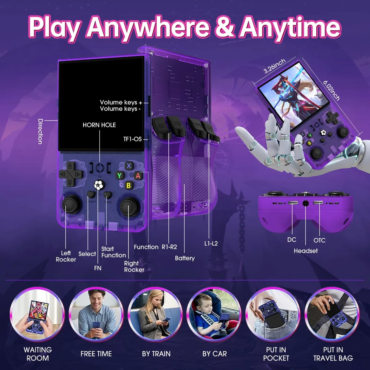 R36MAX - Console da gioco retrò, schermo IPS da 4,0 pollici, memoria 128 GB, 22.000 giochi preinstallati, batteria da 4000 mAh, console portatile per bambini - Viola
