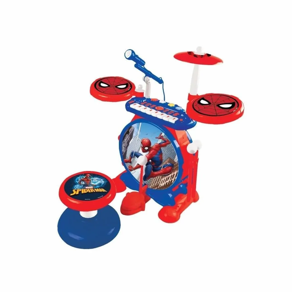 Lexibook, Spider-Man, Set elettronico per bambini, gioco musicale, suono realistico del tamburo, tastiera a 8 tasti, MP3, sedile incluso, blu/rosso, K610SP