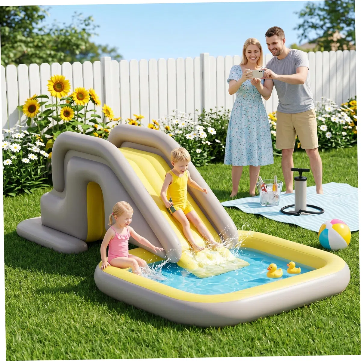 Scivolo Gonfiabile per Piscina con Ampia Base e Pompa a Pedale per Bambini Adulti Interni Esterni