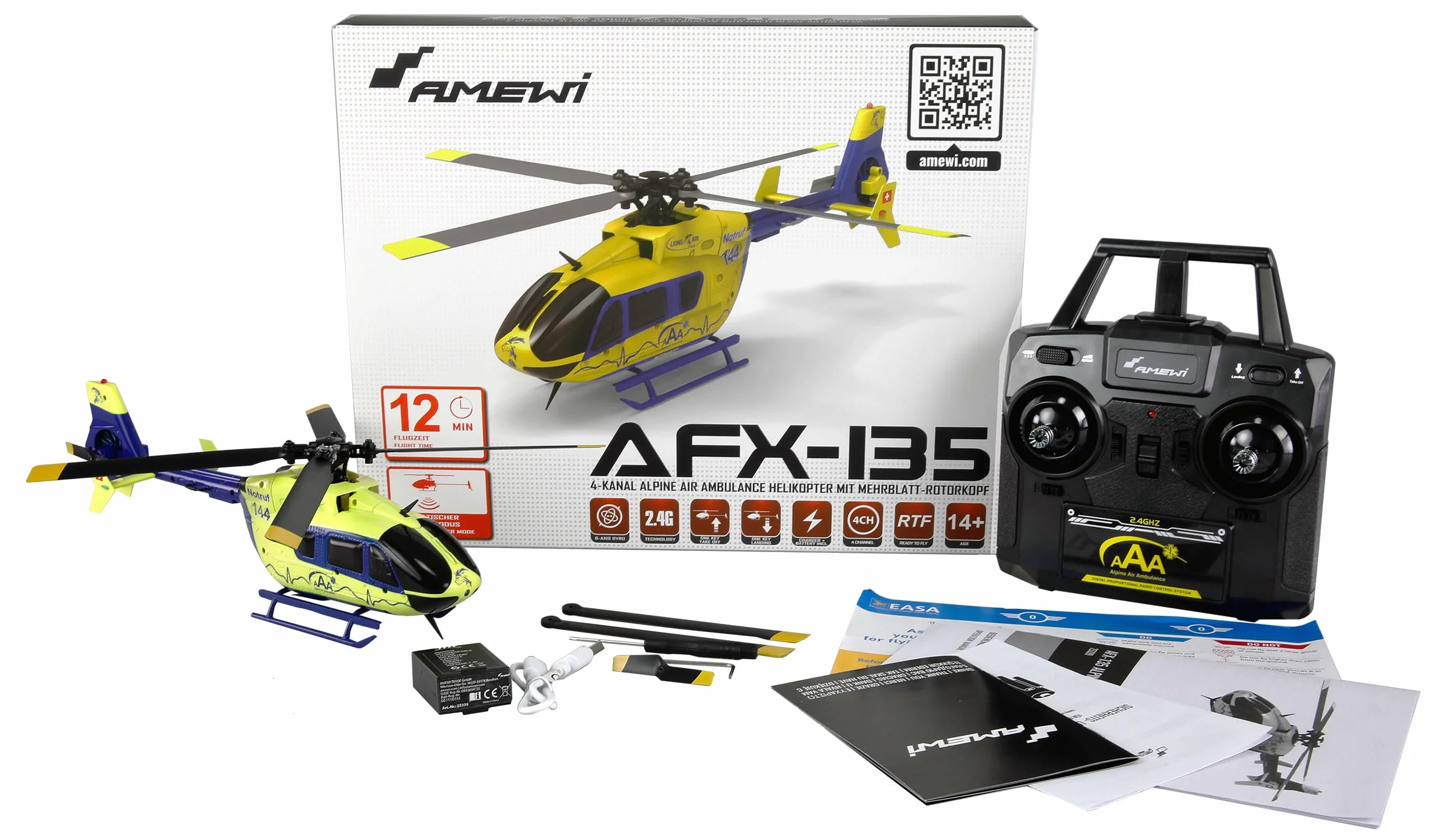 Amewi AFX-135 Alpine Air Ambulance Elicottero 4 canali 6G RTF, giallo neon blu RC telecomandato