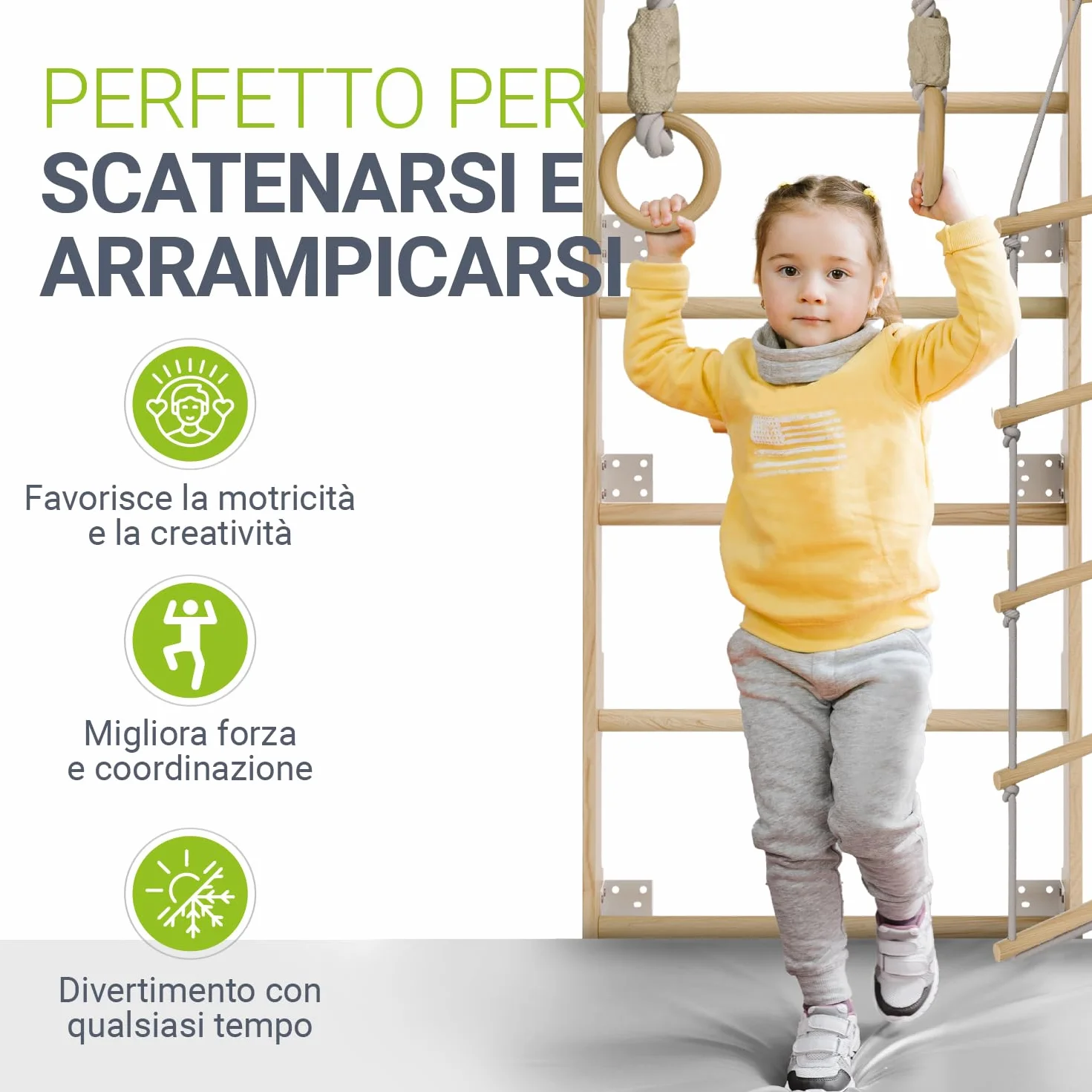 Juskys spalliera per bambini - con barra di trazione, struttura di arrampicata per interni con anelli ginnici e scala di corda, parete di arrampicata per la stanza dei bambini, barra ginnica