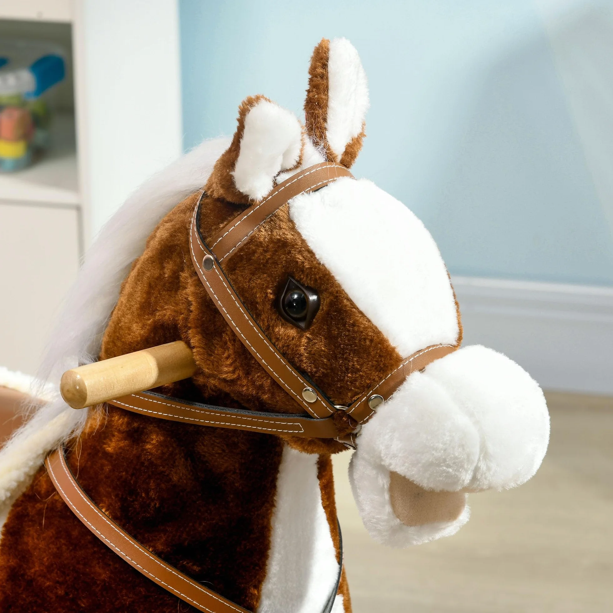 HOMCOM Cavallo a Dondolo per Bambini da 3-6 Anni, Gioco per Bambini Cavalcabile con Suoni in Peluche, 68x26x62cm, Marrone
