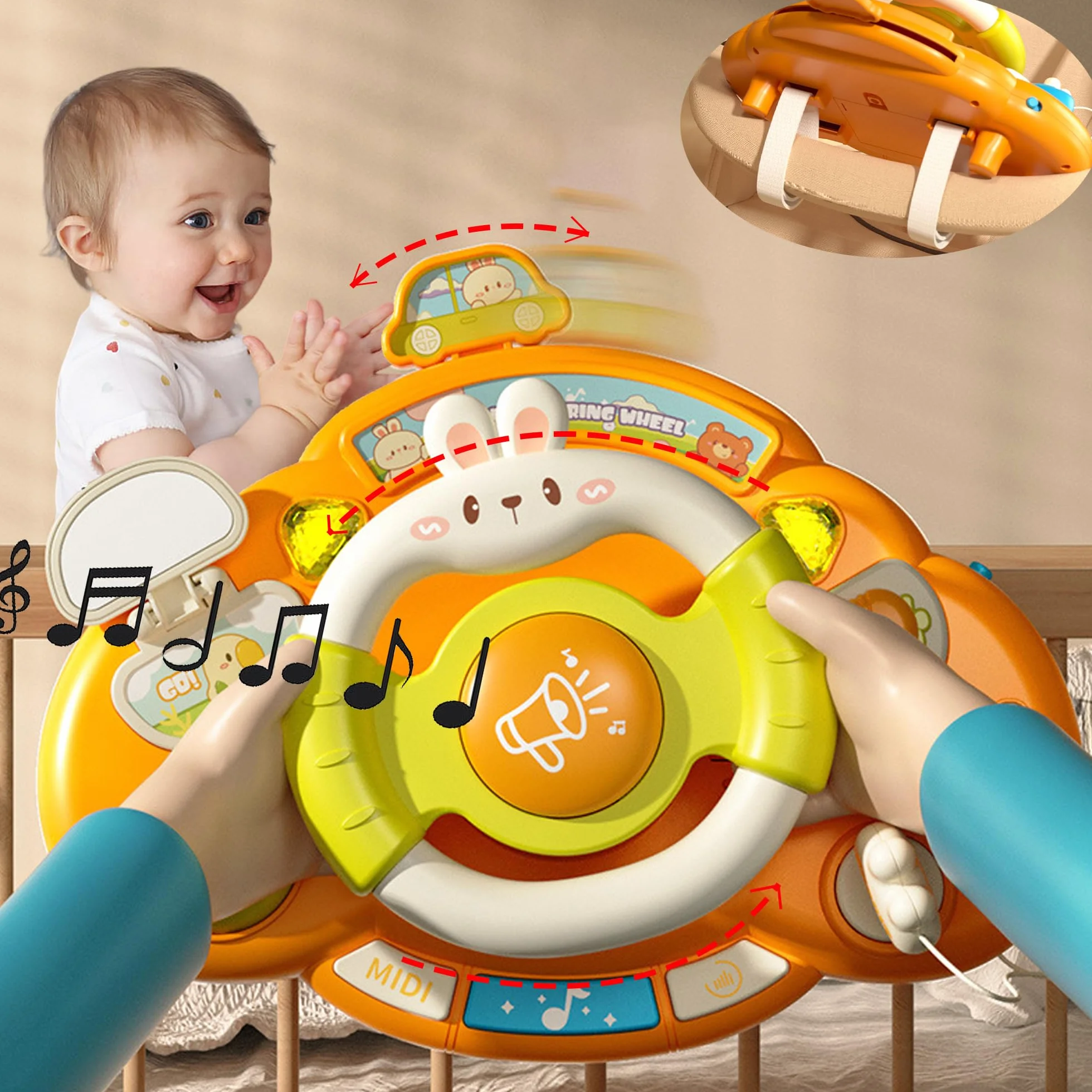 SUQ Coniglio Volante Per Auto Per Bambini, Auto Di Collegamento, Si Muove Con La Rotazione Del Volante, Giocattolo d'Imitazione Per Guida Simulata Con Rotazione a 360°Effetti Luminosi e Sonori