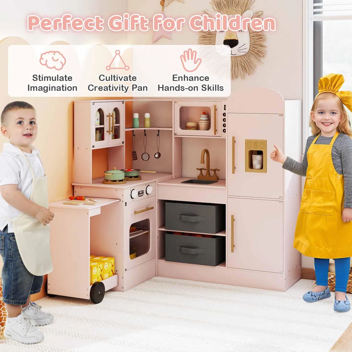 HOMASIS Cucina ad Angolo con Carrello Scorrevole, Luce e Suono, Cucina Giocattolo in Legno con Forno, Microonde, Macchina del Ghiaccio, Fornello, per Bambini da 3 Anni in su (Rosa)