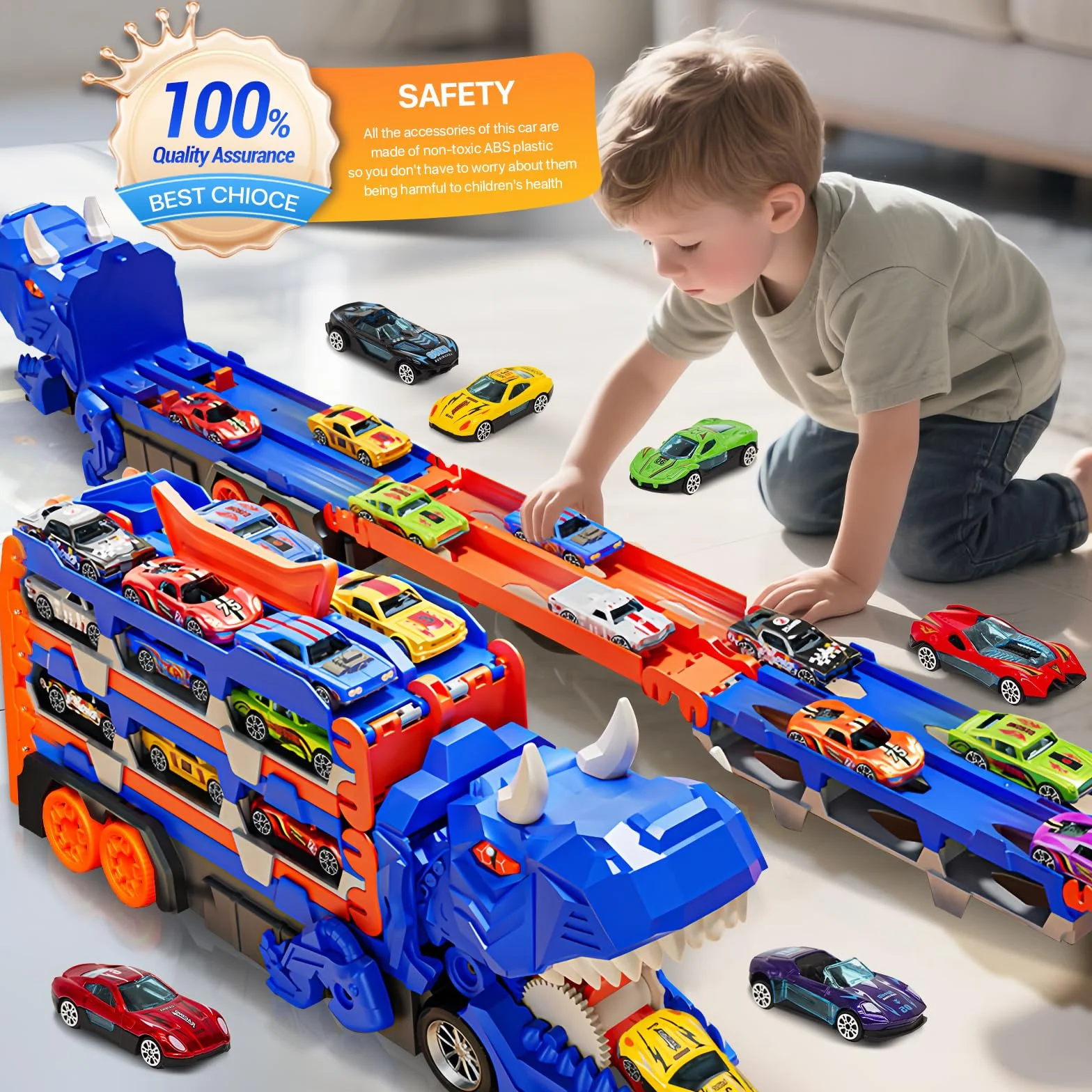 Sternstunde Camion Giocattolo Per Bambini, Con 12 Auto Da Corsa Macchinine Per Bambini, Auto Giocattolo Portatile Camion Dinosauro Per 3, 4, 5, 6 Anni Ragazzi Regalo Ragazzi (Blu)