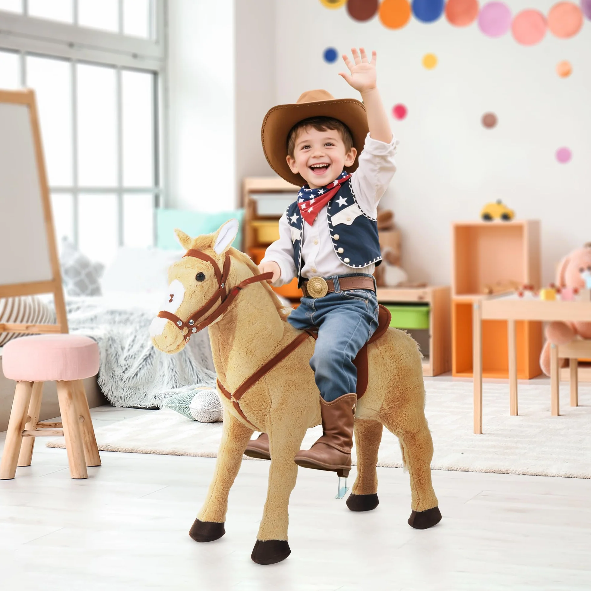 HOMCOM Cavallo Giocattolo con Sella, Briglie e Poggiapiedi, Cavallo Cavalcabile in Peluche, Metallo e Cotone PP, 85x28x60 cm, Beige