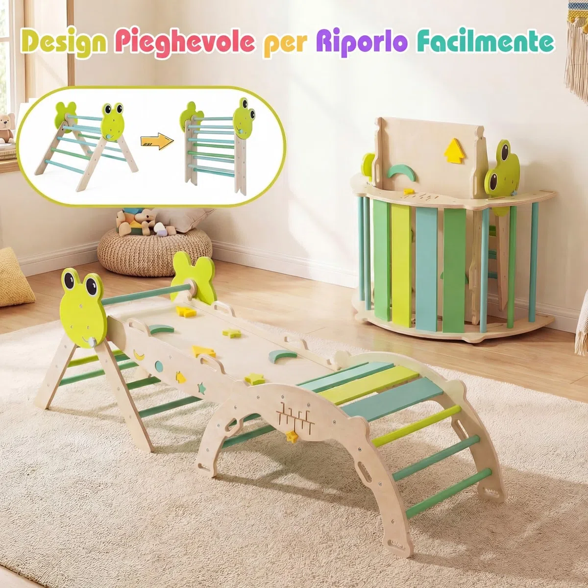 Relax4Life Triangolo di Arrampicata per Bambini con Scivolo e Arco, Gioco Montessori in Legno 1+ Anni, 3 Pezzi Verde