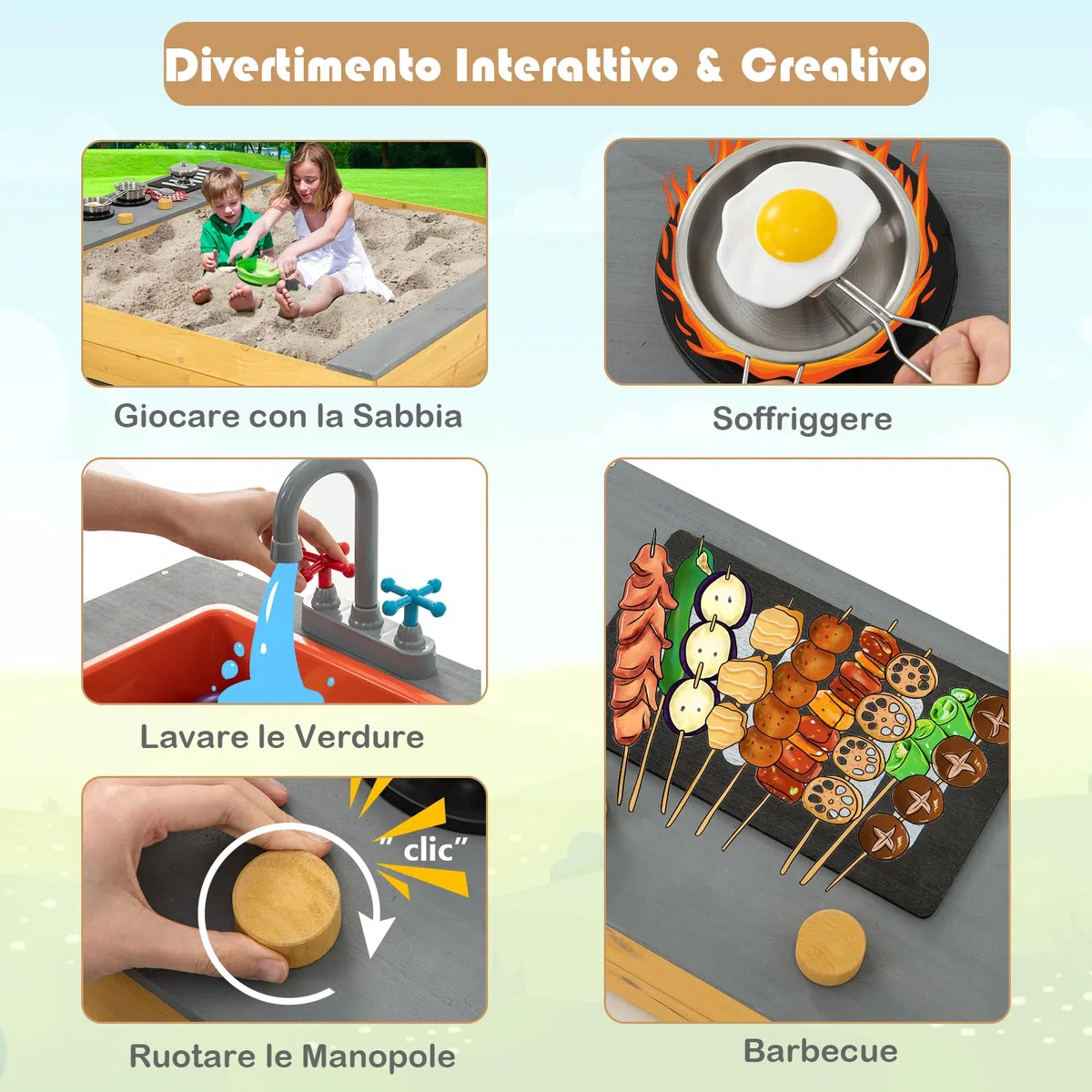 GYMAX Sabbiera in Legno per Bambini con Fodera Inferiore, Set Sabbiera da Gioco 3 in 1 per Bambini, Sedile a Panca, Sabbiera per Bambini da Esterno, per Bambini dai 3 ai 8 Anni, 135x125x20 cm