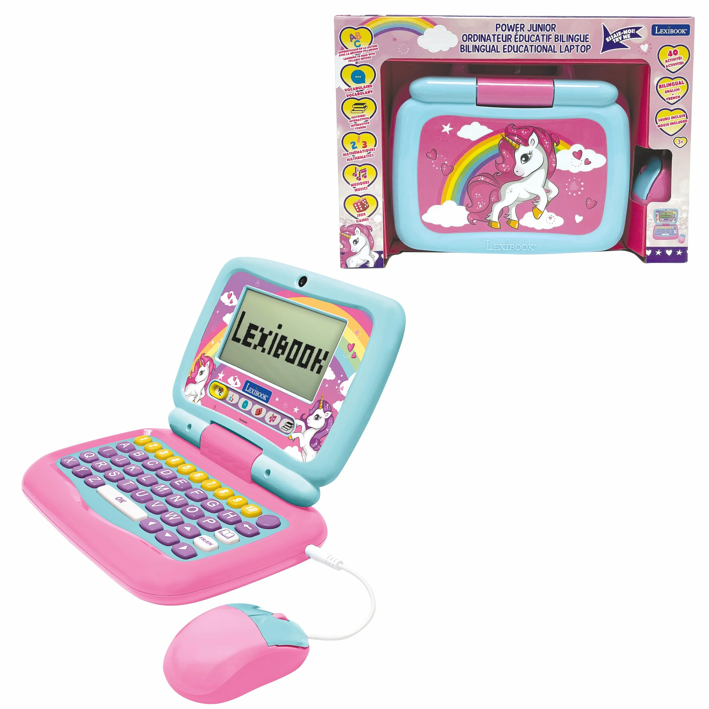 Lexibook, Unicorno, Computer Portatile educativo bilingue Francese/Inglese con 40 attività di Cui Un Nuovo Modo per Imparare a Leggere e contare, JC398UNIi1