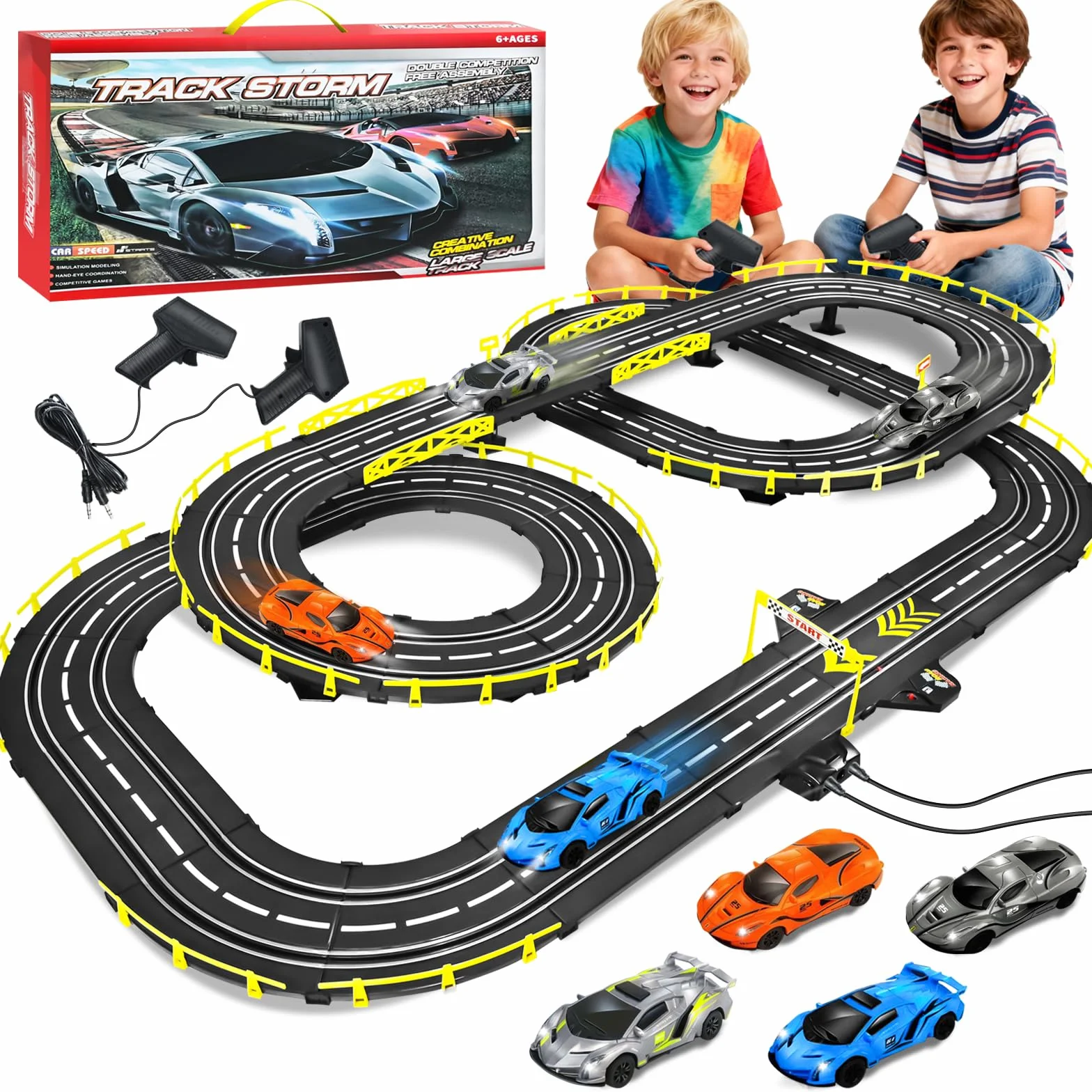 FORMIZON Pista Macchinine Telecomandate per Bambini, Set Pista da Corsa Auto Elettrica con 4 Auto da Corsa e 2 Radiocomandi, Doppia Pista Elettrica Regali Giocattolo Adatti a Bambini dai 6 Anni (B)