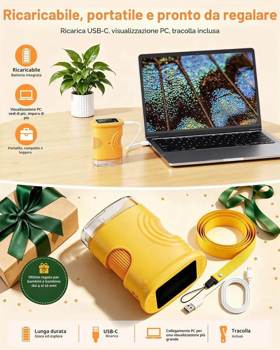 Microscopio Digitale Portatile per Bambini con schermo IPS da 2", Ricaricabile, Memoria Fotografica Integrata, 200X Mini Microscopio da Regali di Natale, compleanno o Capodanno per i 4-12 Anni-Arancio