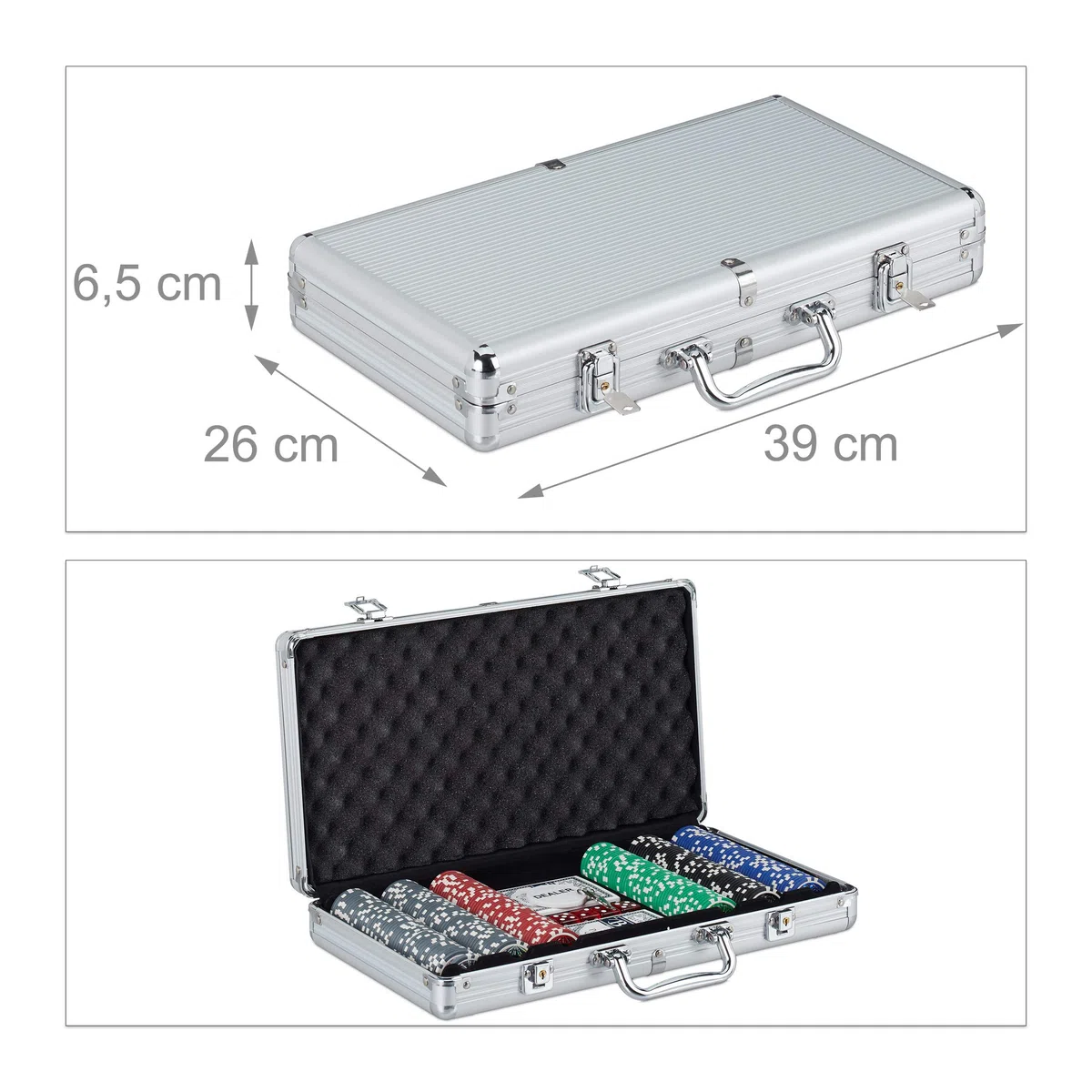 Relaxdays Valigetta Poker, 300 Chips Laser, 2 Mazzi di Carte, 5 Dadi, Dealer, Richiudibile & Portatile,Alluminio,Argento