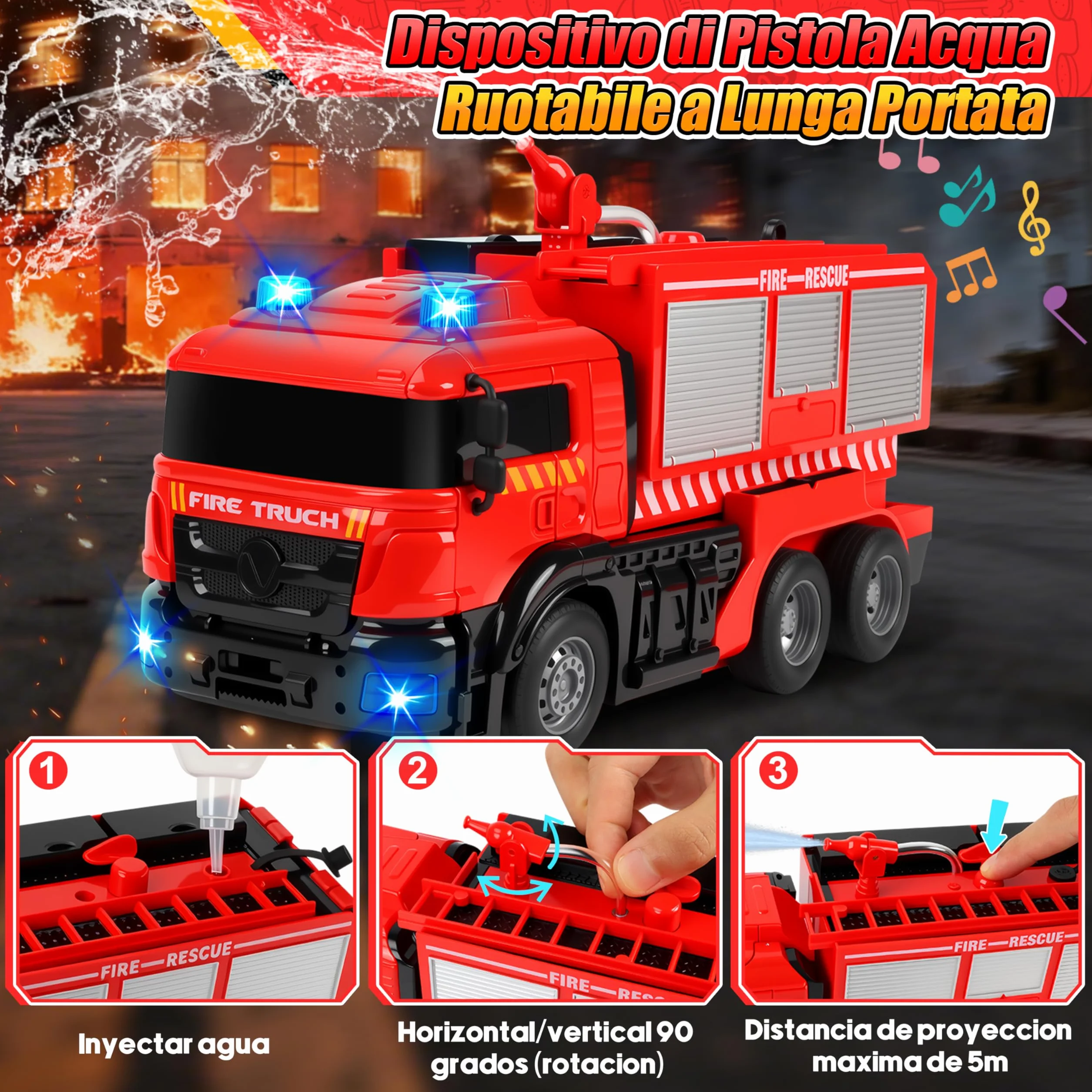 Charmofun Camion Pompieri Giocattolo Telecomandato, Autopompa Vigili del Fuoco con Luci e Suoni, Pompiere Giocattoli con Irrigatore, Trasforma Robot e Macchina Telecomandata, Regalo Bambini