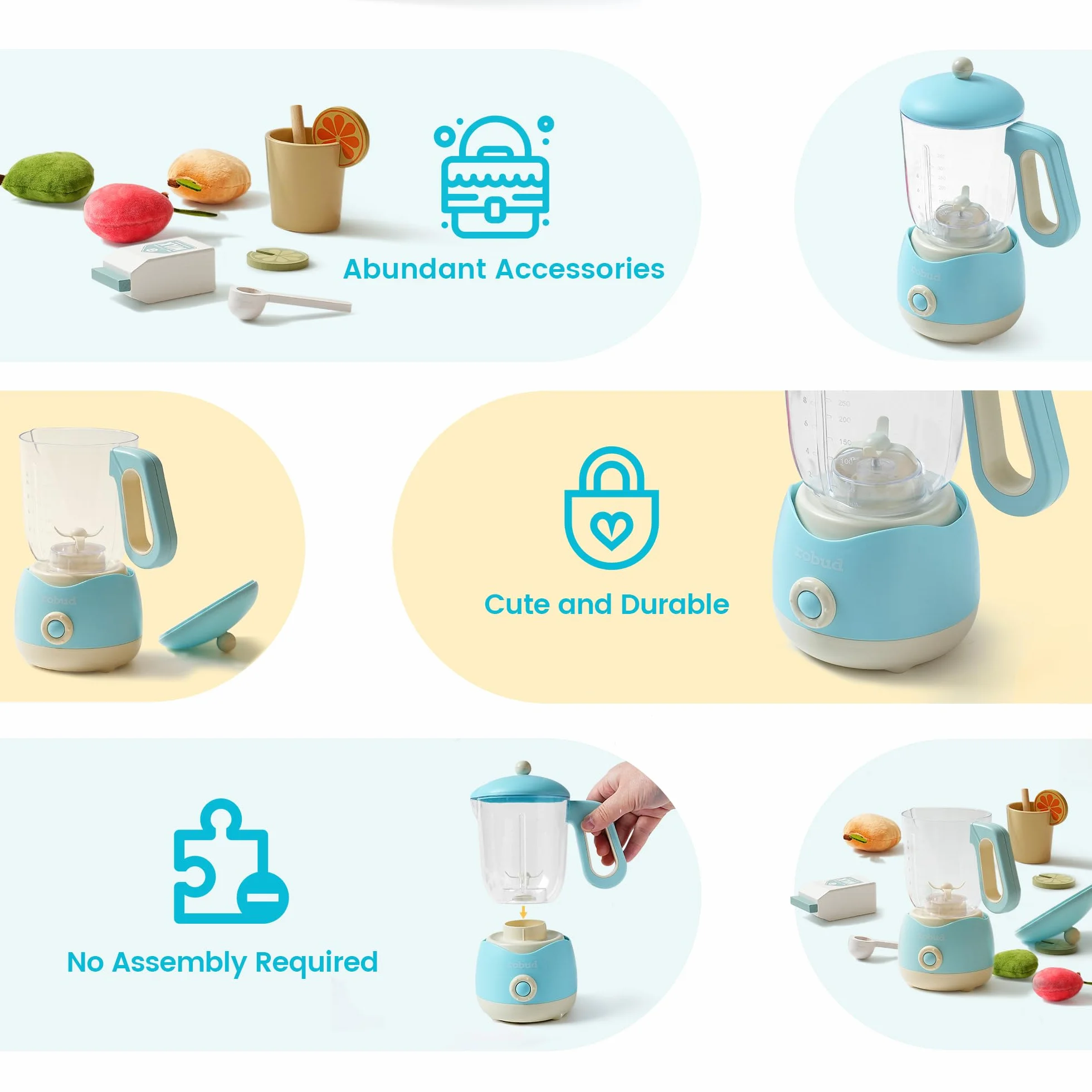 ROBUD Spremiagrumi giocattolo con luce e suono, accessorio da cucina con frutta, latte, bicchieri, adatto per bambini dai 3 anni in su