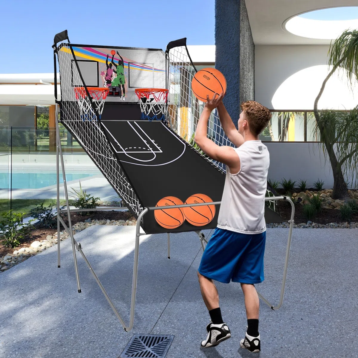 LIFEZEAL Gioco Arcade di Pallacanestro pieghevole, doppio cestino da Basket con 8 modalità di gioco e contatore per 2 persone, rete di sicurezza, telaio in metallo, 4 palloncini, 1 pompa (B)