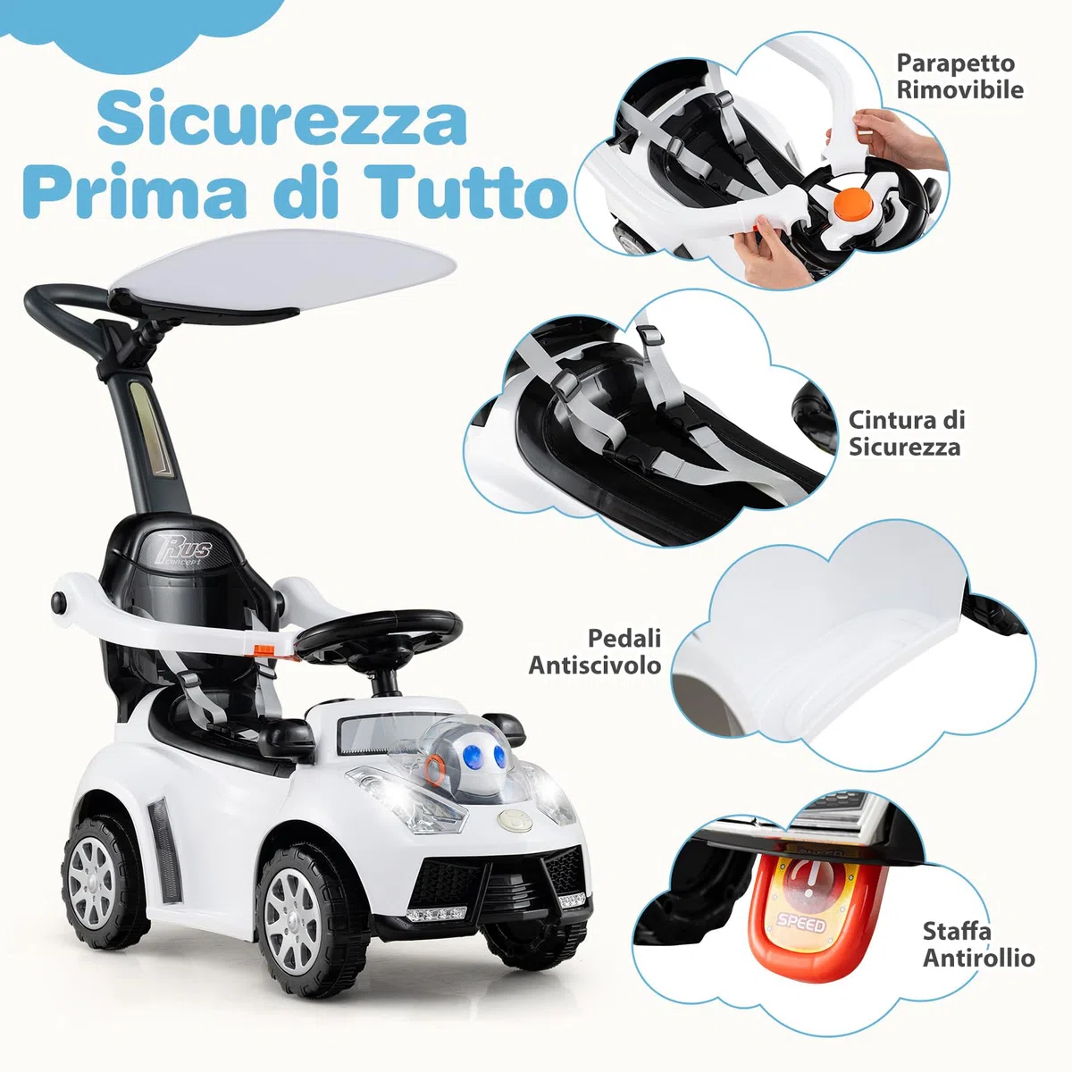 COSTWAY 3 in 1 Auto a Spinta Macchinina da Passeggio per Bambini 1+ Anni Bianco